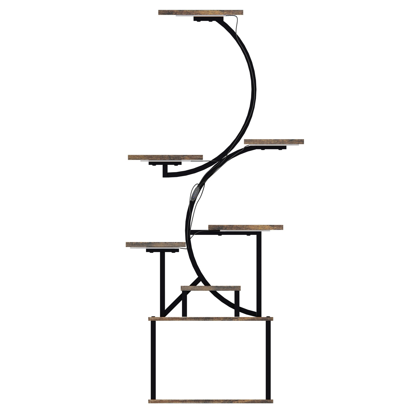 Modern tiered plant stand with rustic wood shelves and black metal frame