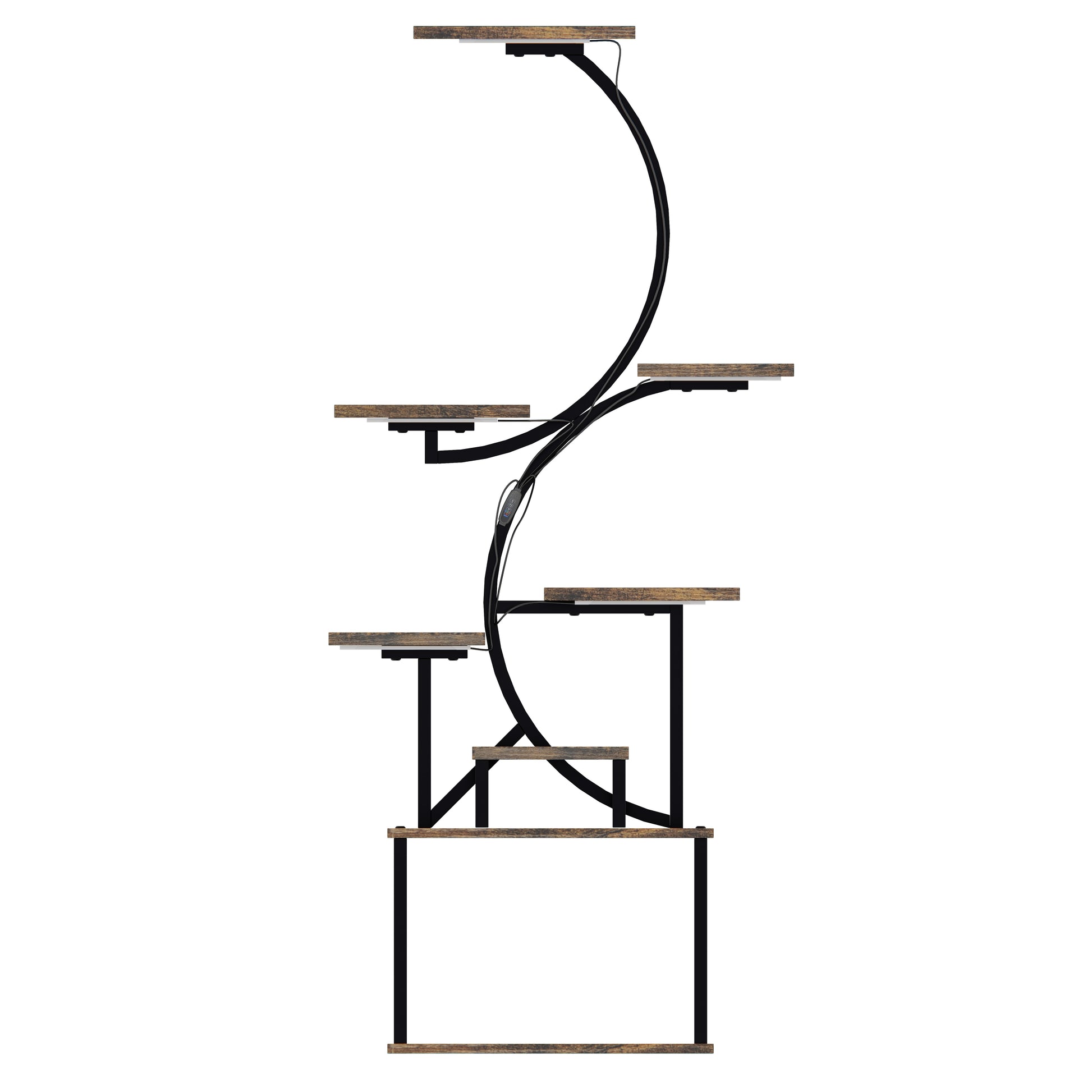 Modern tiered plant stand with rustic wood shelves and black metal frame