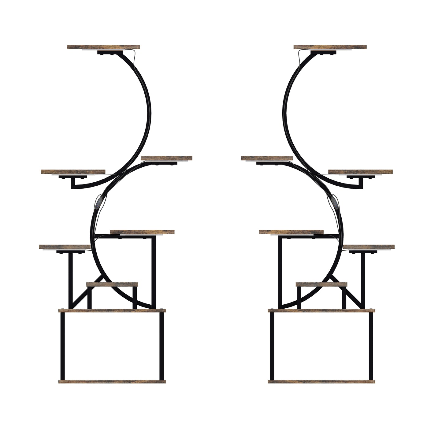 Two tiered plant stands with rustic wood shelves and black metal frame ideal for indoor gardening