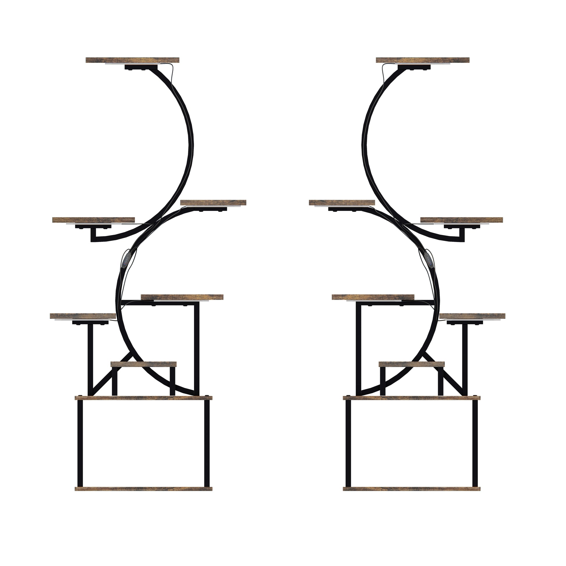 Two tiered plant stands with rustic wood shelves and black metal frame ideal for indoor gardening