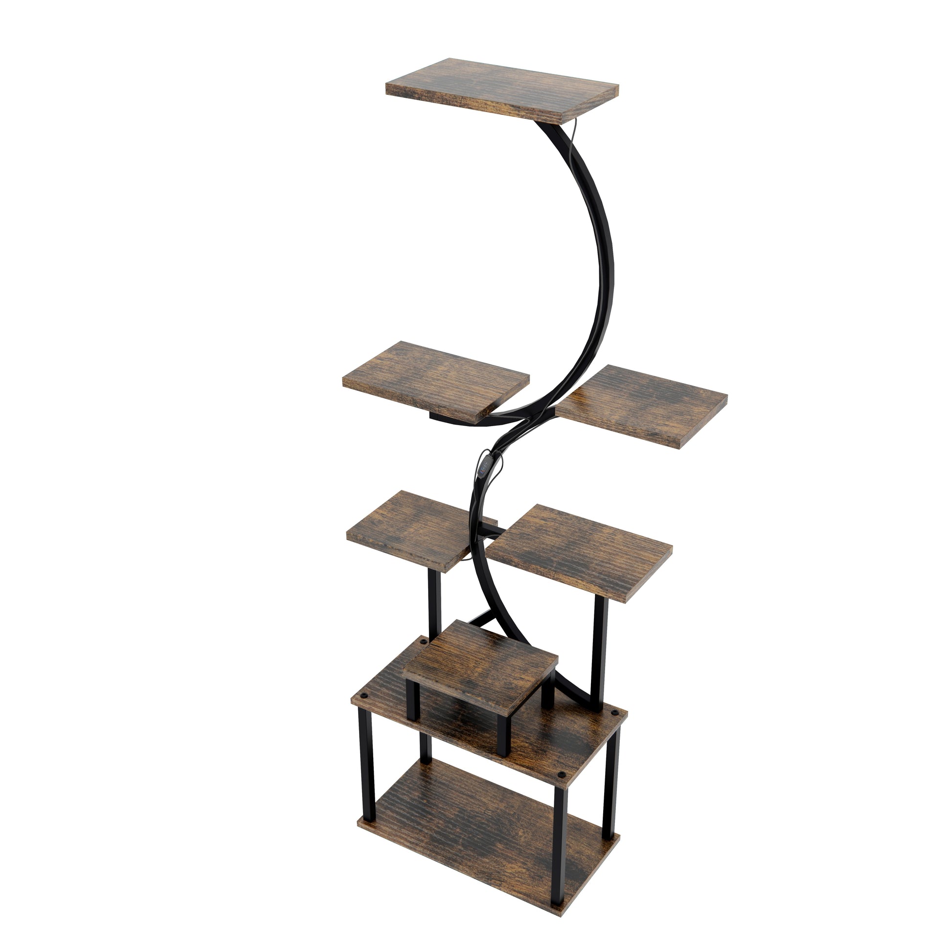 Rustic brown multitier plant stand with black metal frame for indoor decor