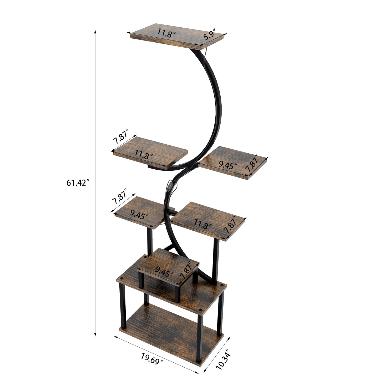 Tall wooden plant stand with five tiers and black metal frame