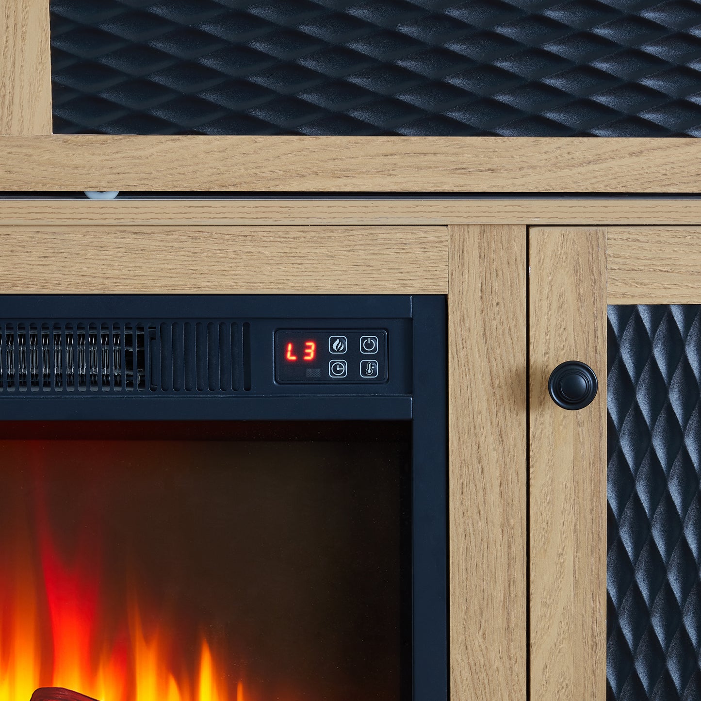 Oak and black electric fireplace with digital controls and realistic flame effect