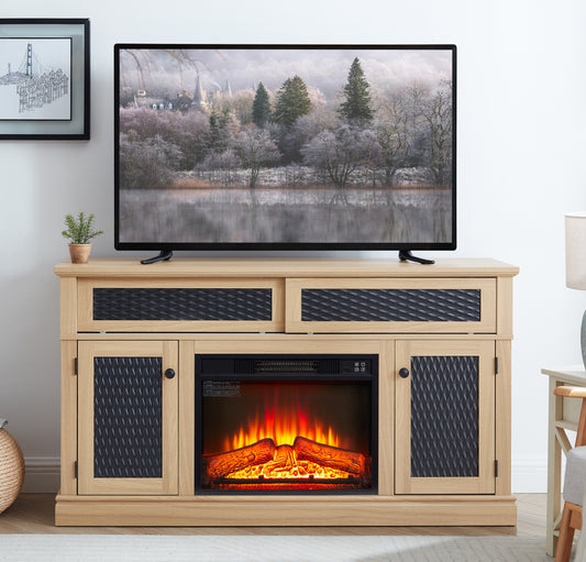Light oak electric fireplace TV stand with diamondpatterned cabinet doors and realistic flame effect