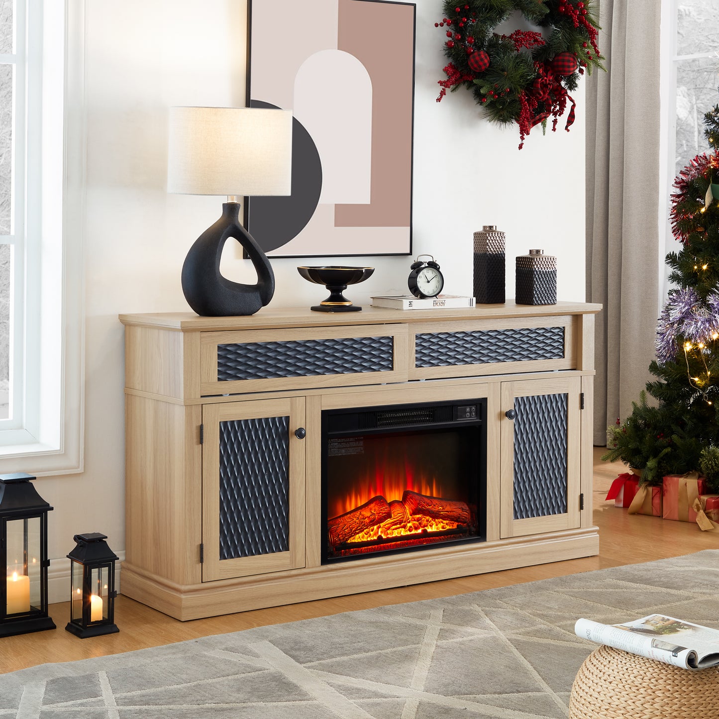 Light oak electric fireplace console with textured black cabinet doors and a realistic flame effect