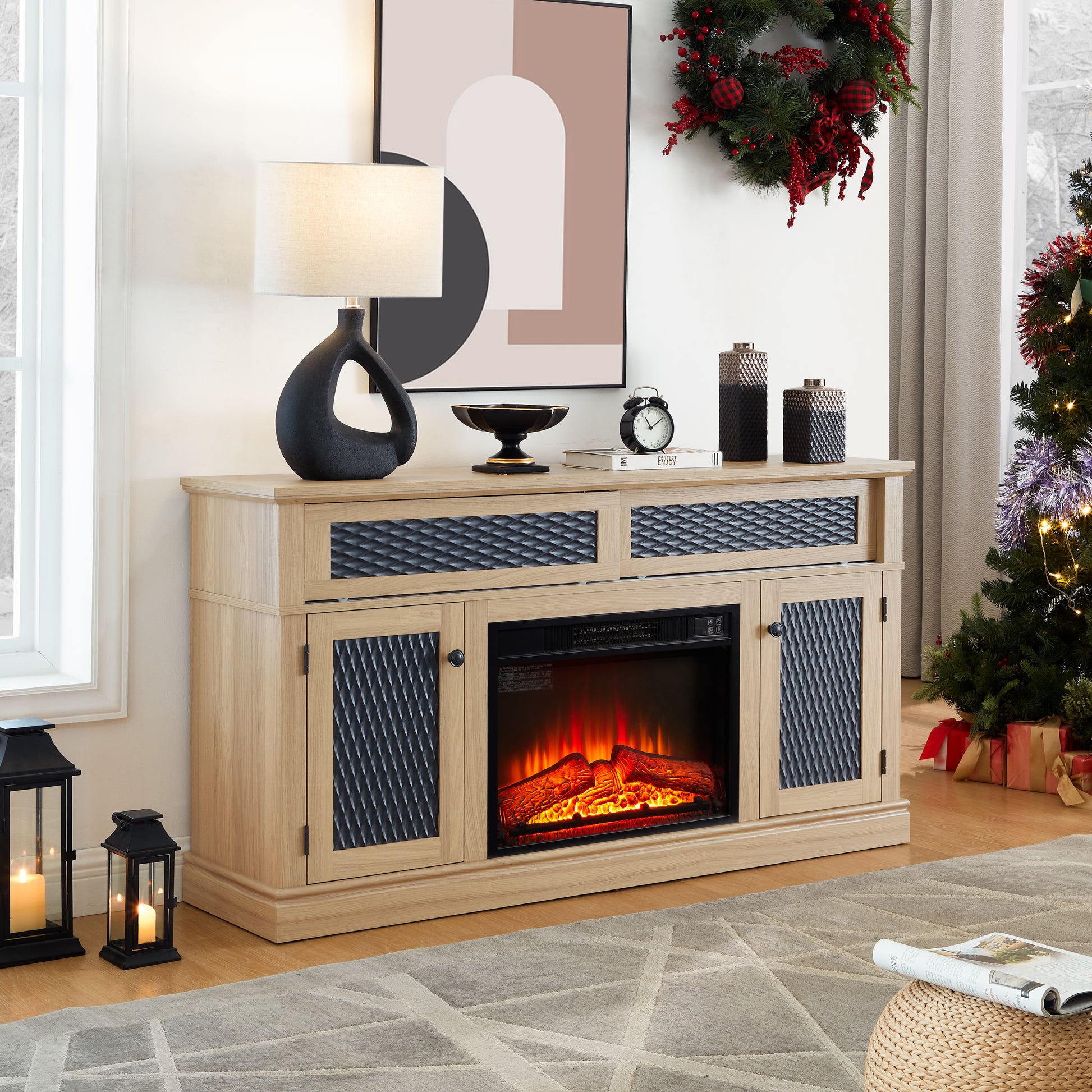 Light oak electric fireplace console with textured black cabinet doors and a realistic flame effect