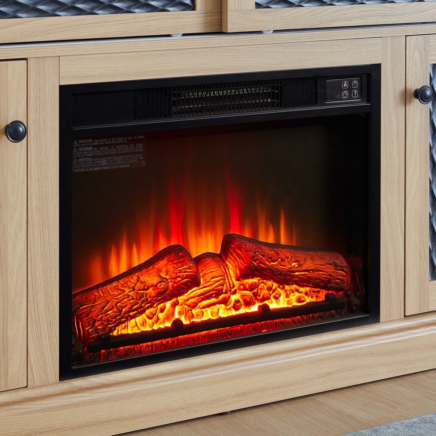Realistic electric fireplace with glowing logs and flame effect in a light wood cabinet