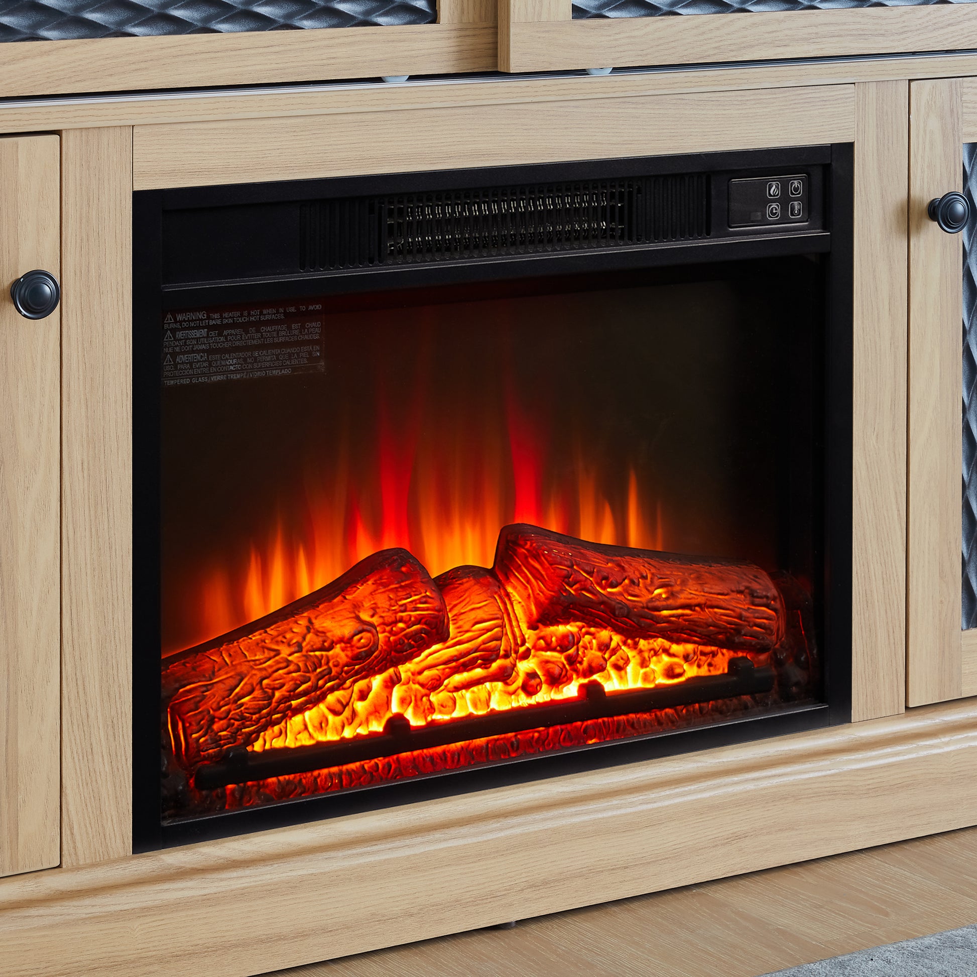 Realistic electric fireplace with glowing logs and flame effect in a light wood cabinet