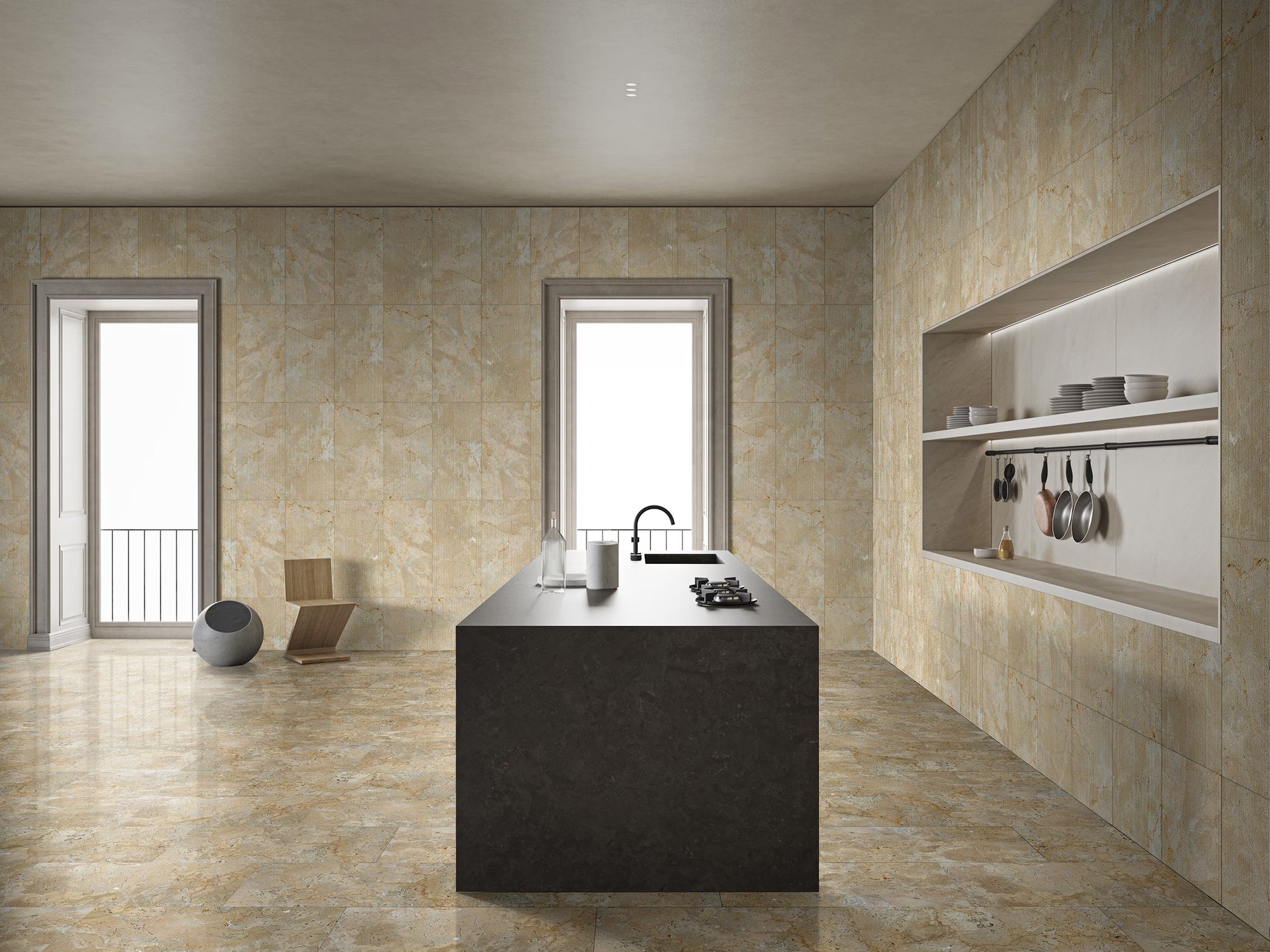 Contemporary kitchen island with dark granite countertop and modern black faucet