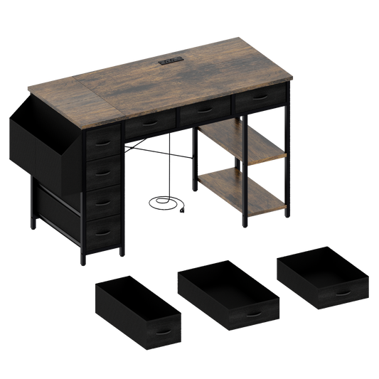 Rustic wood and black metal computer desk with ample storage and power outlet
