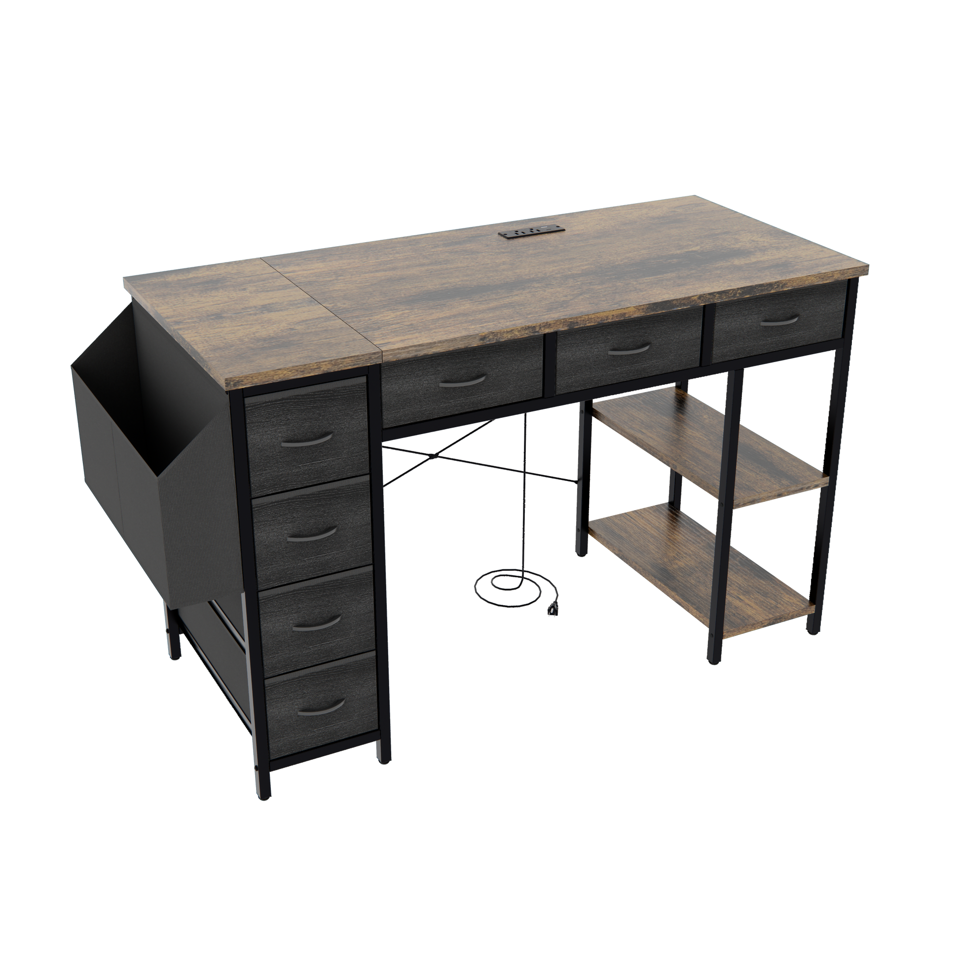 Rustic wood computer desk with drawers and shelving ideal for home office setup