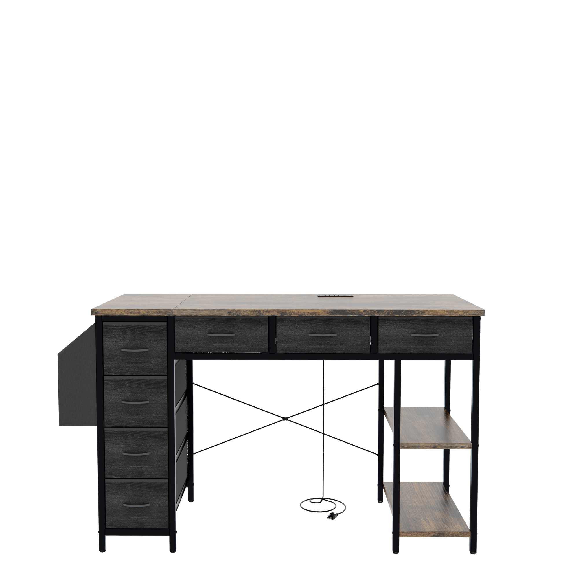 Modern industrial writing desk with five dark grey fabric drawers and a rustic wood top