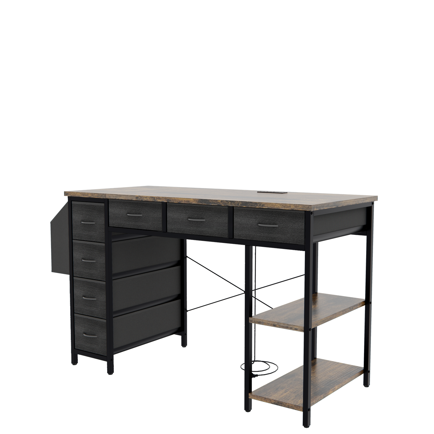 Industrial style desk with dark wood grain top black frame and multiple drawers