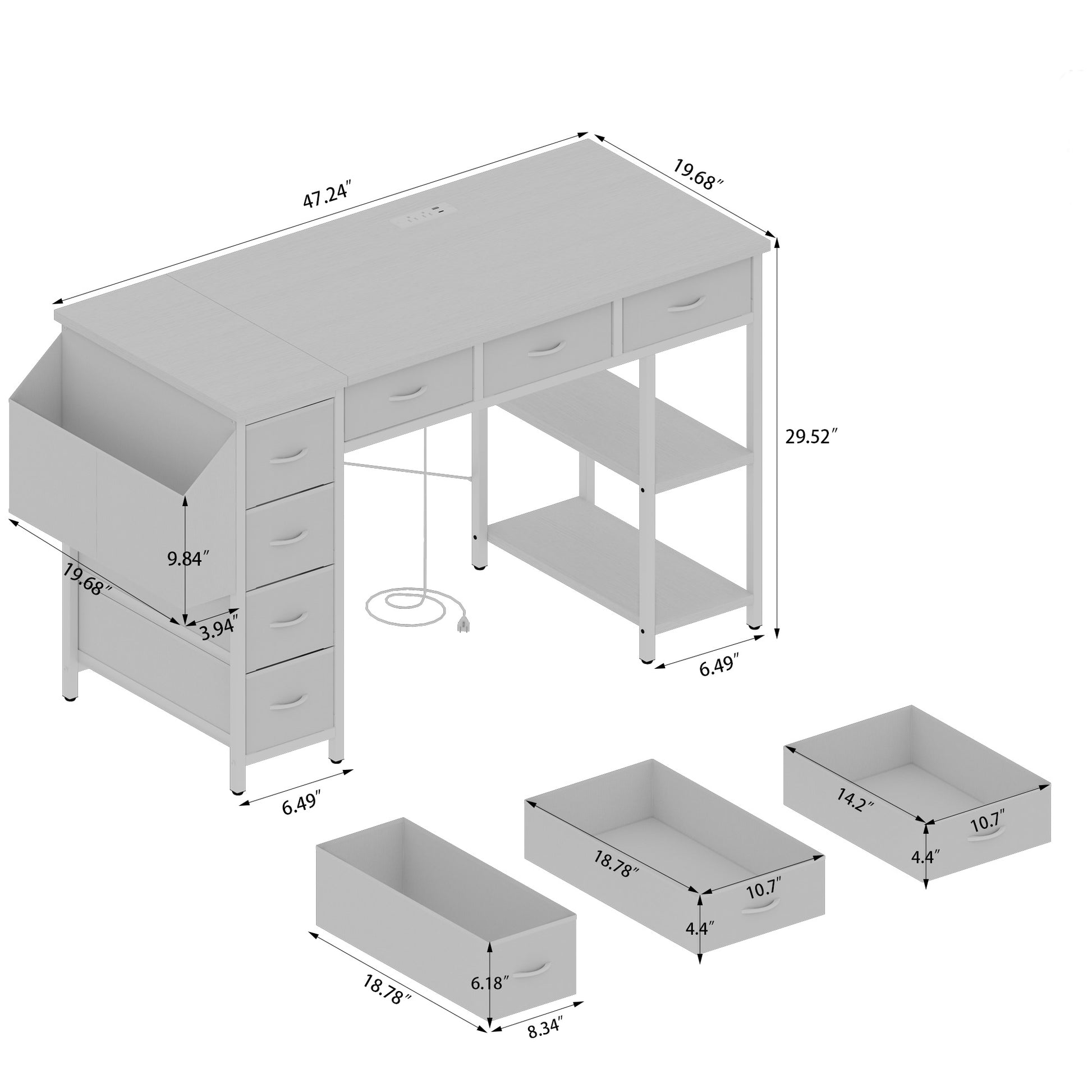 Modern white lshaped desk with builtin drawers shelves and power outlet