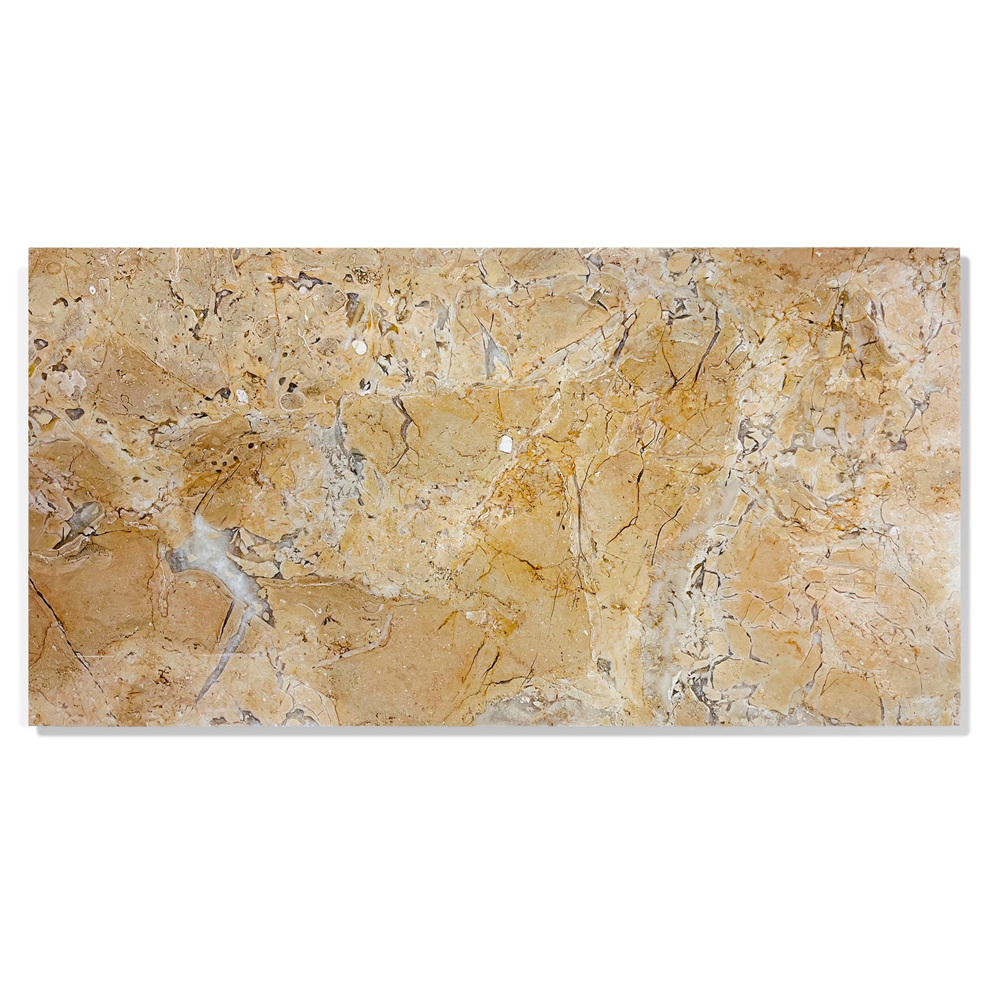 Rich golden travertine slab with unique veining and fossil inclusions for countertops