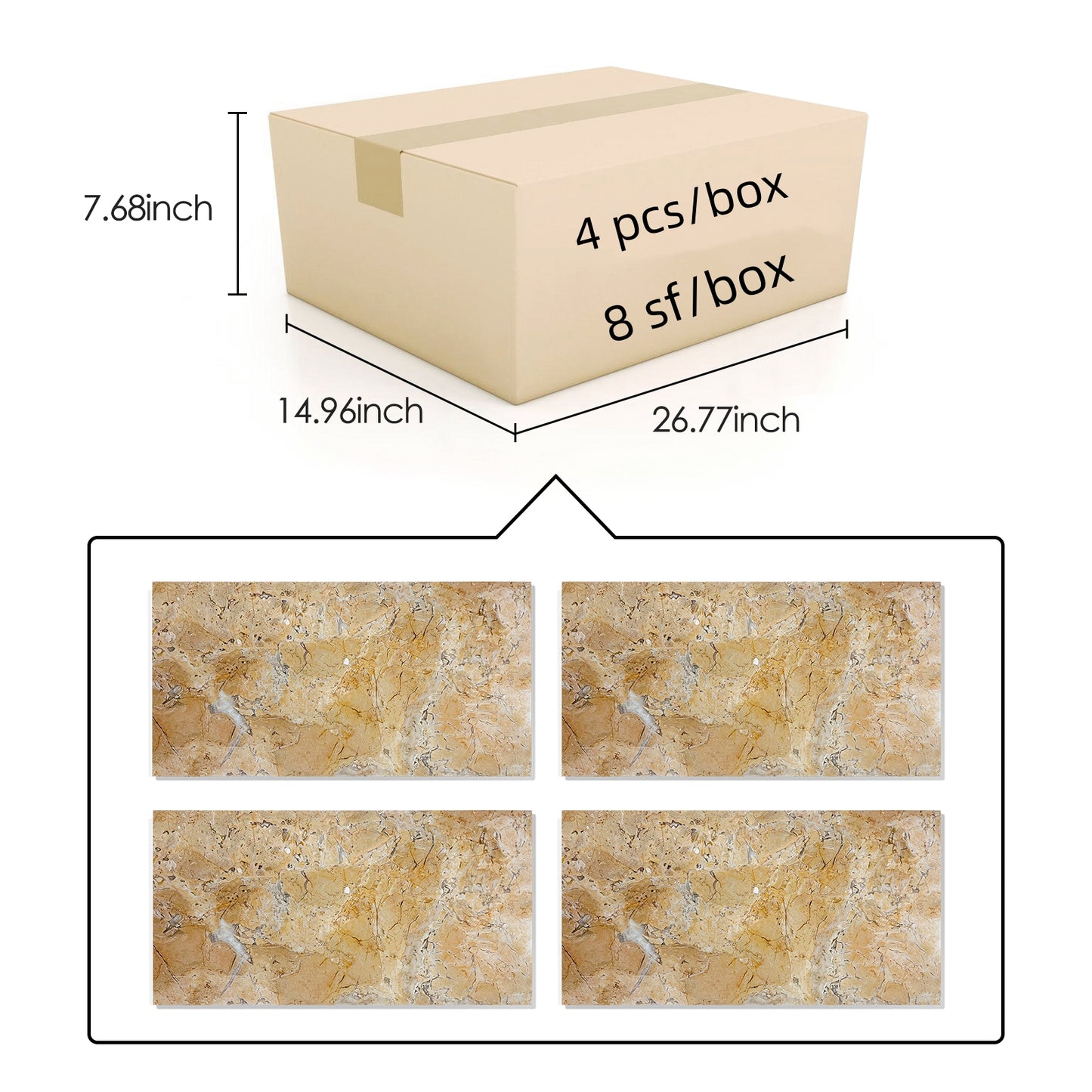 Carton containing four beige marble effect peel and stick tiles