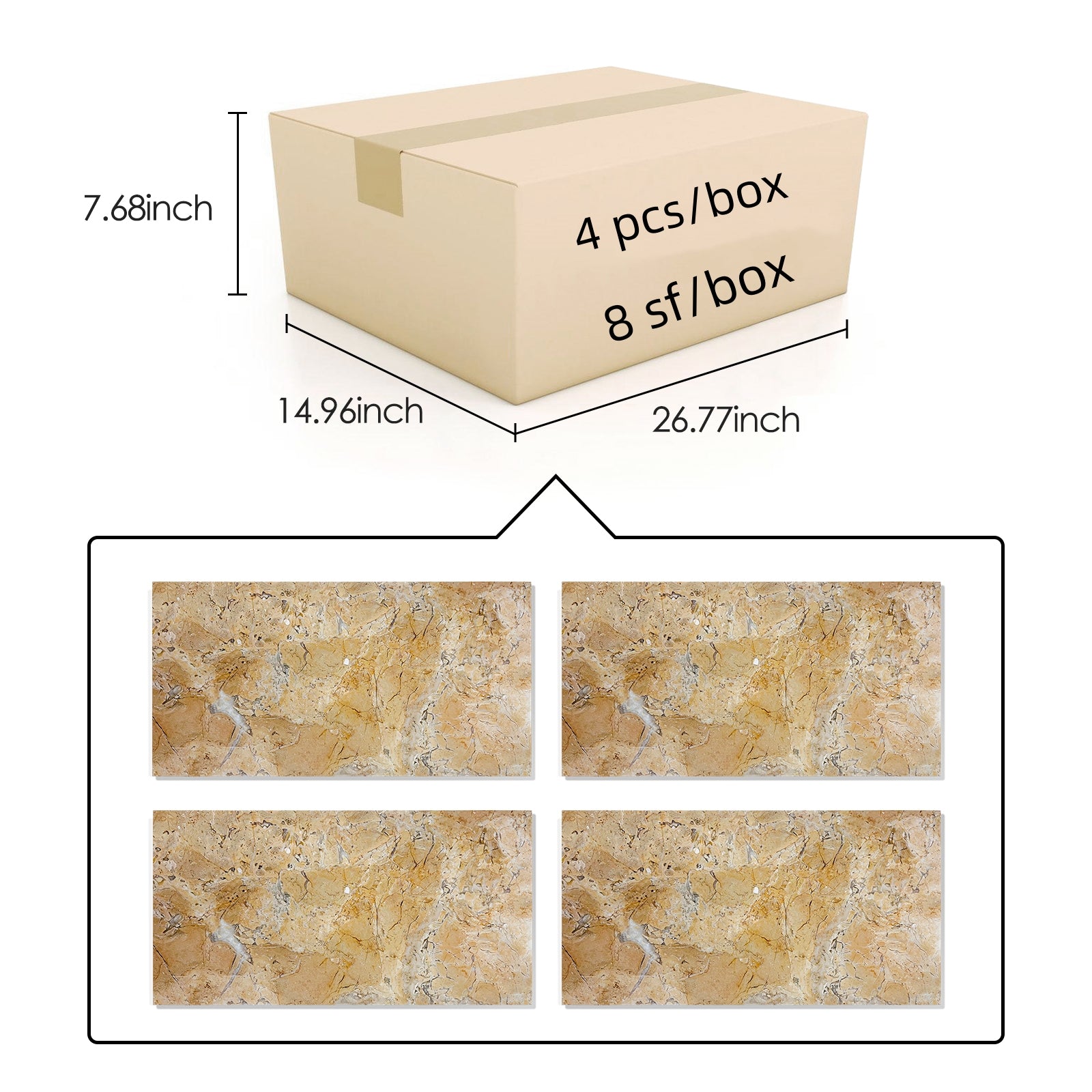 Carton containing four beige marble effect peel and stick tiles