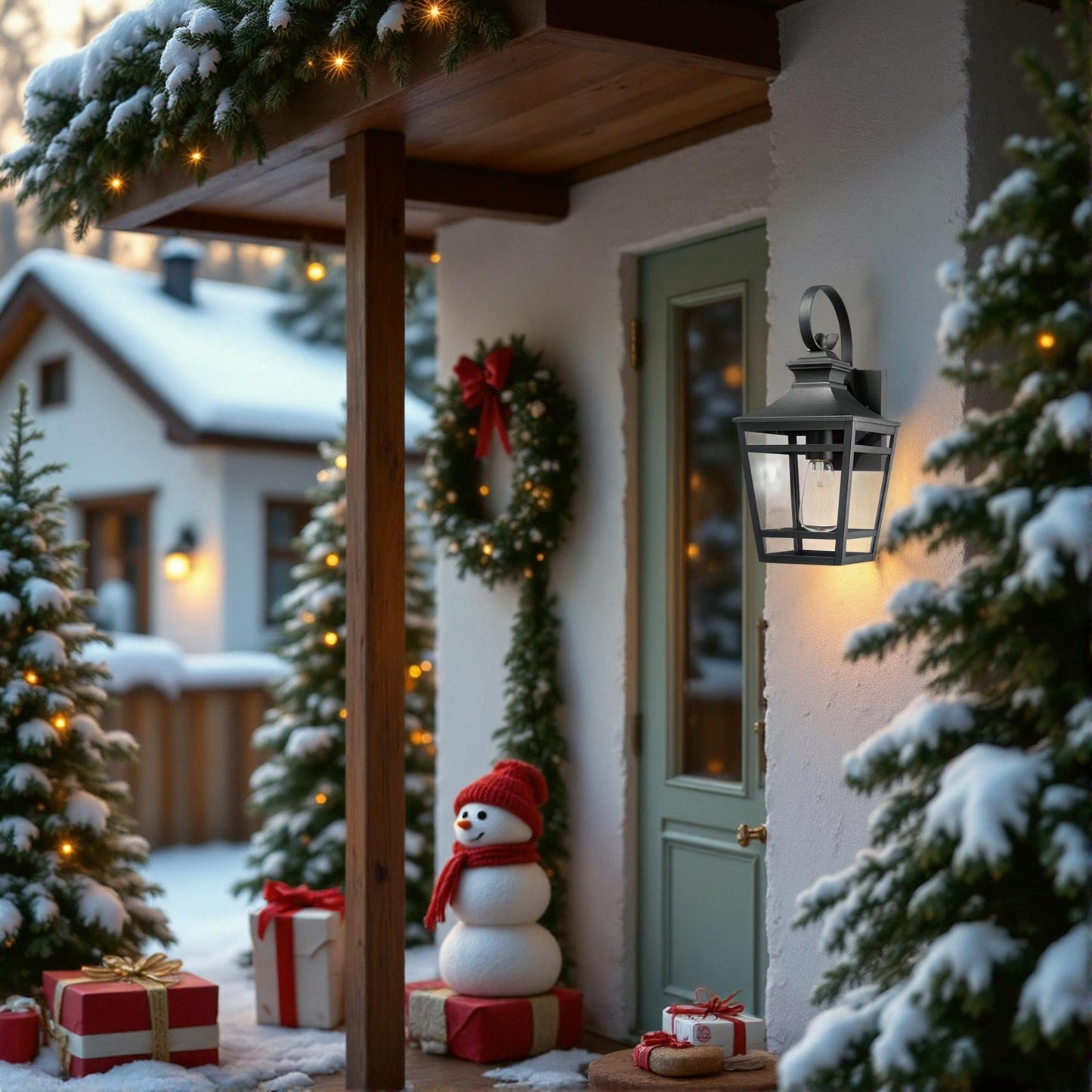 Black metal outdoor lantern with glass panels illuminates a snowy porch