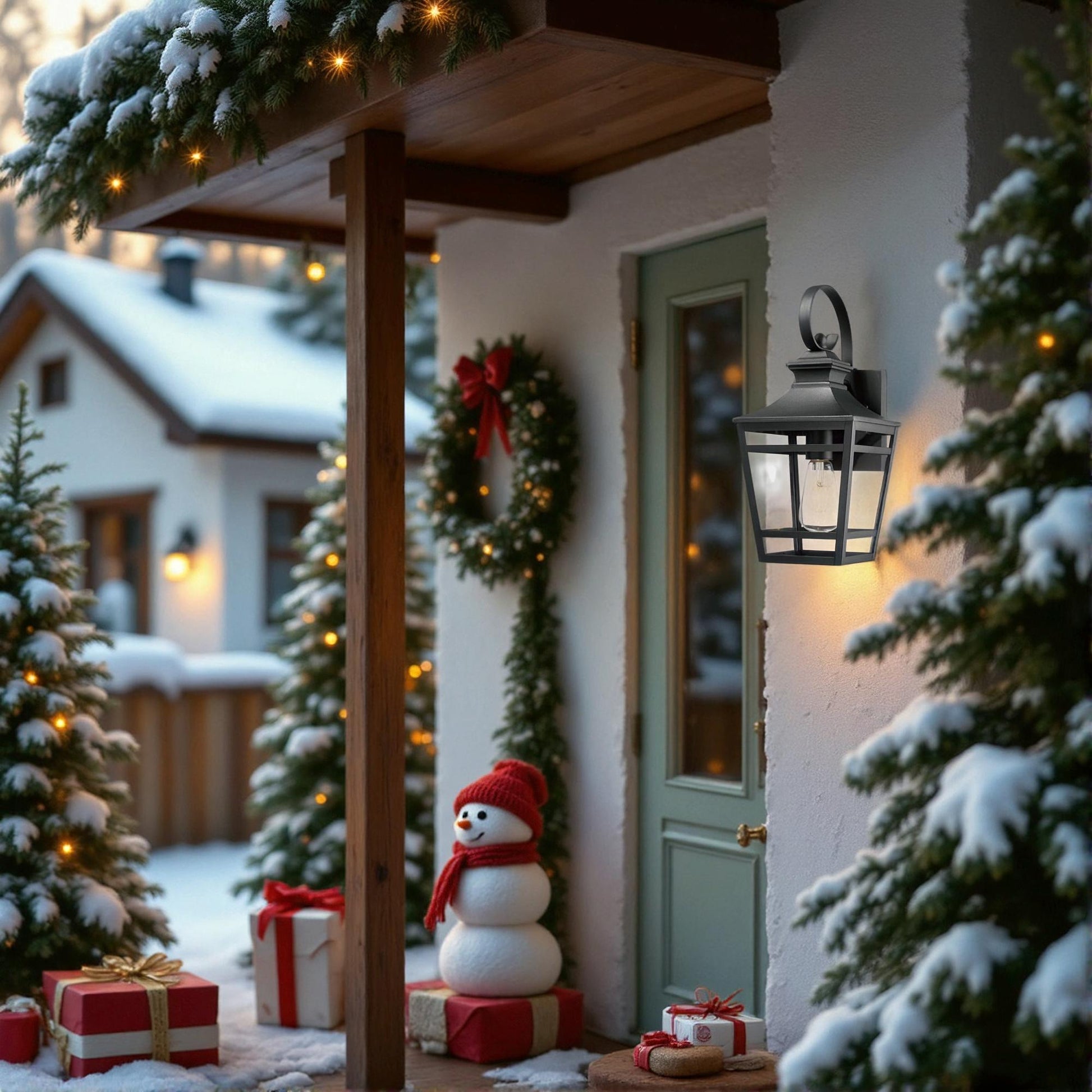 Black metal outdoor lantern with glass panels illuminates a snowy porch