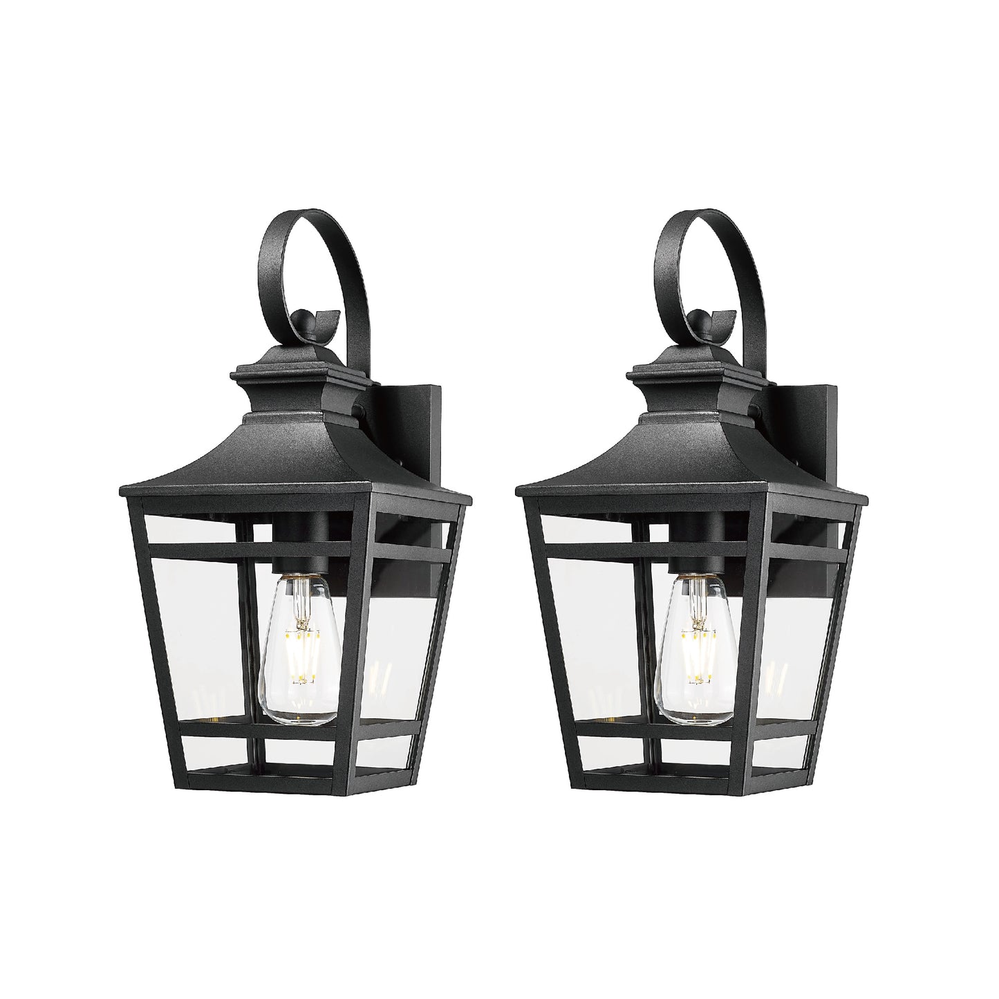 Pair of black metal outdoor wall lanterns with clear glass panels and Edison bulbs