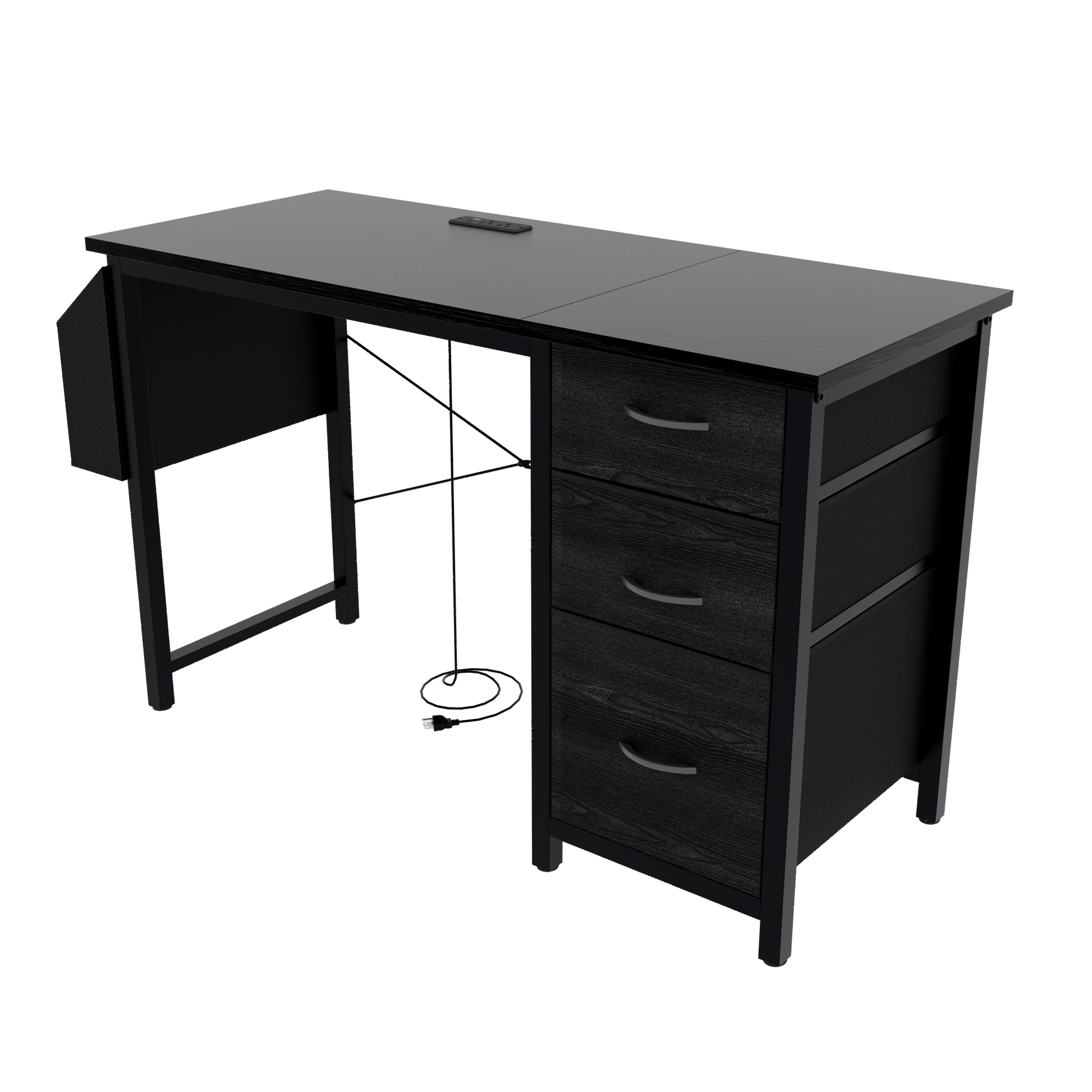 Modern black computer desk with a builtin charging station and three drawers for storage