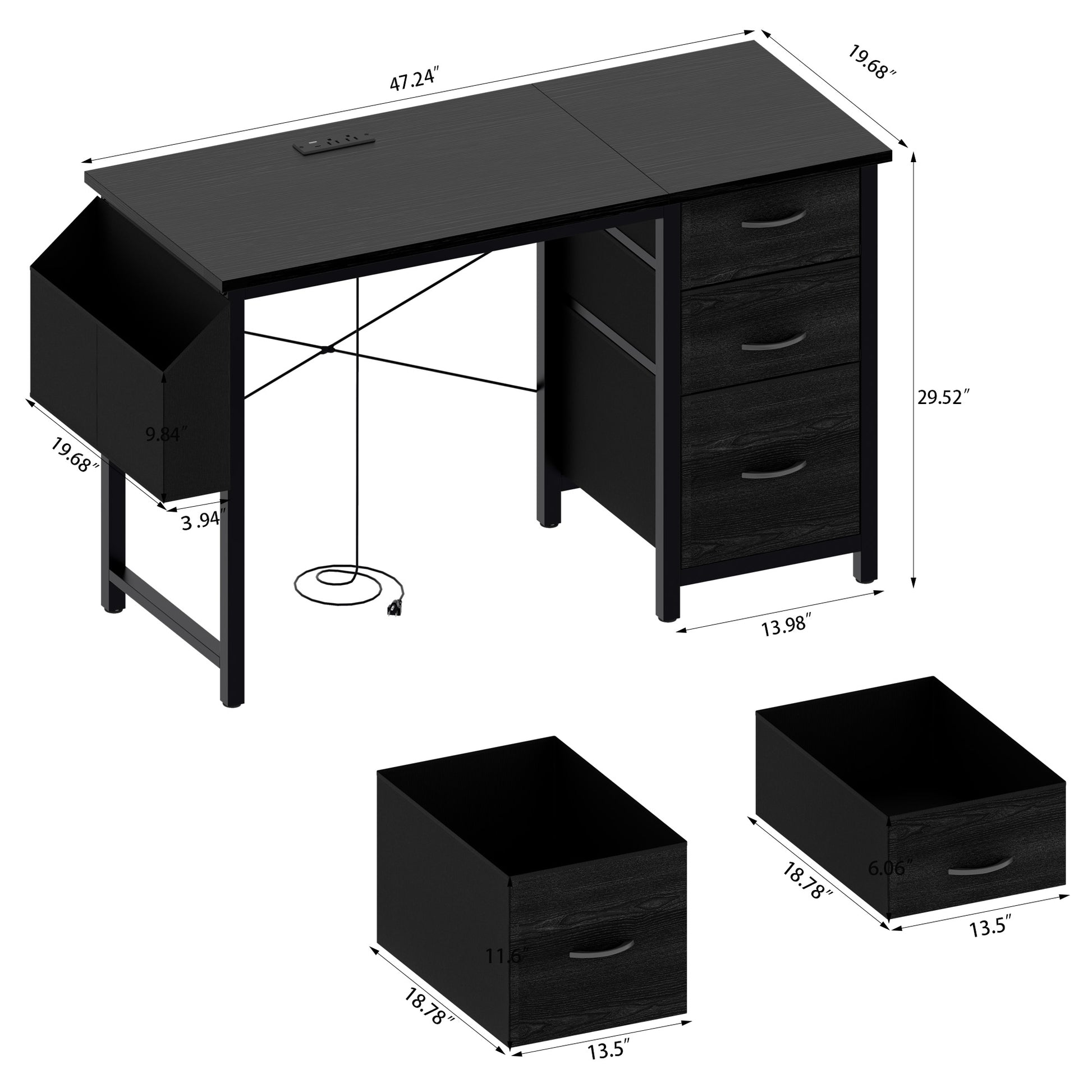 Black wood grain computer desk with builtin power outlet and side storage shelf