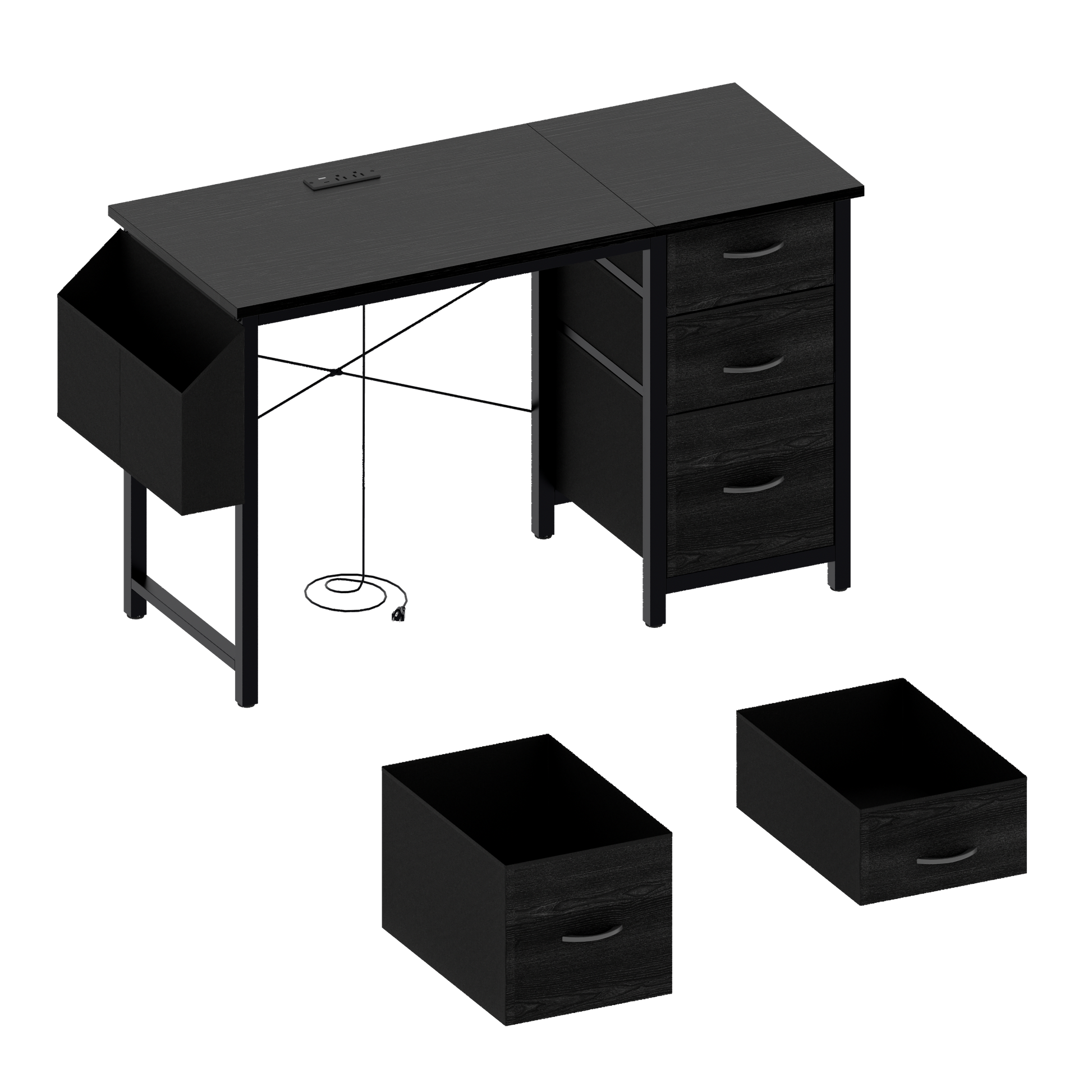 Black wood grain desk with builtin power outlet and three drawers ideal for home office