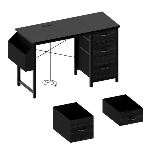 Black wood grain desk with builtin power outlet and three drawers ideal for home office
