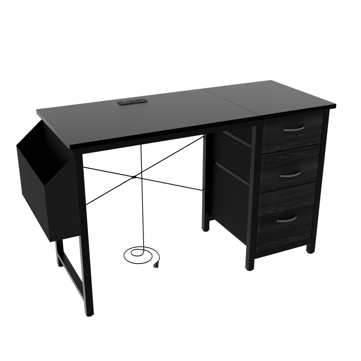 Black wood computer desk with builtin power strip and three drawers on the right