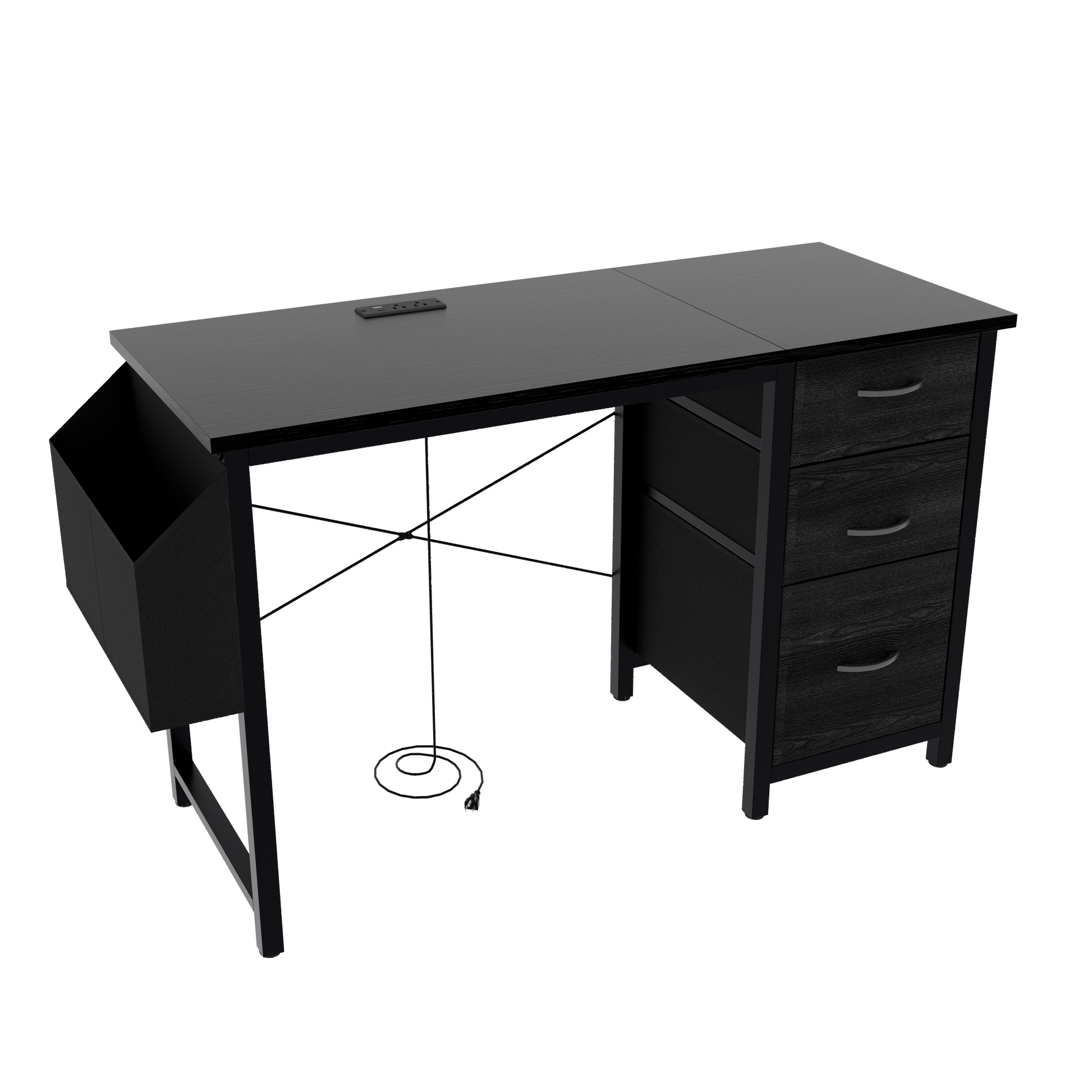 Black wood computer desk with builtin power strip and three drawers on the right