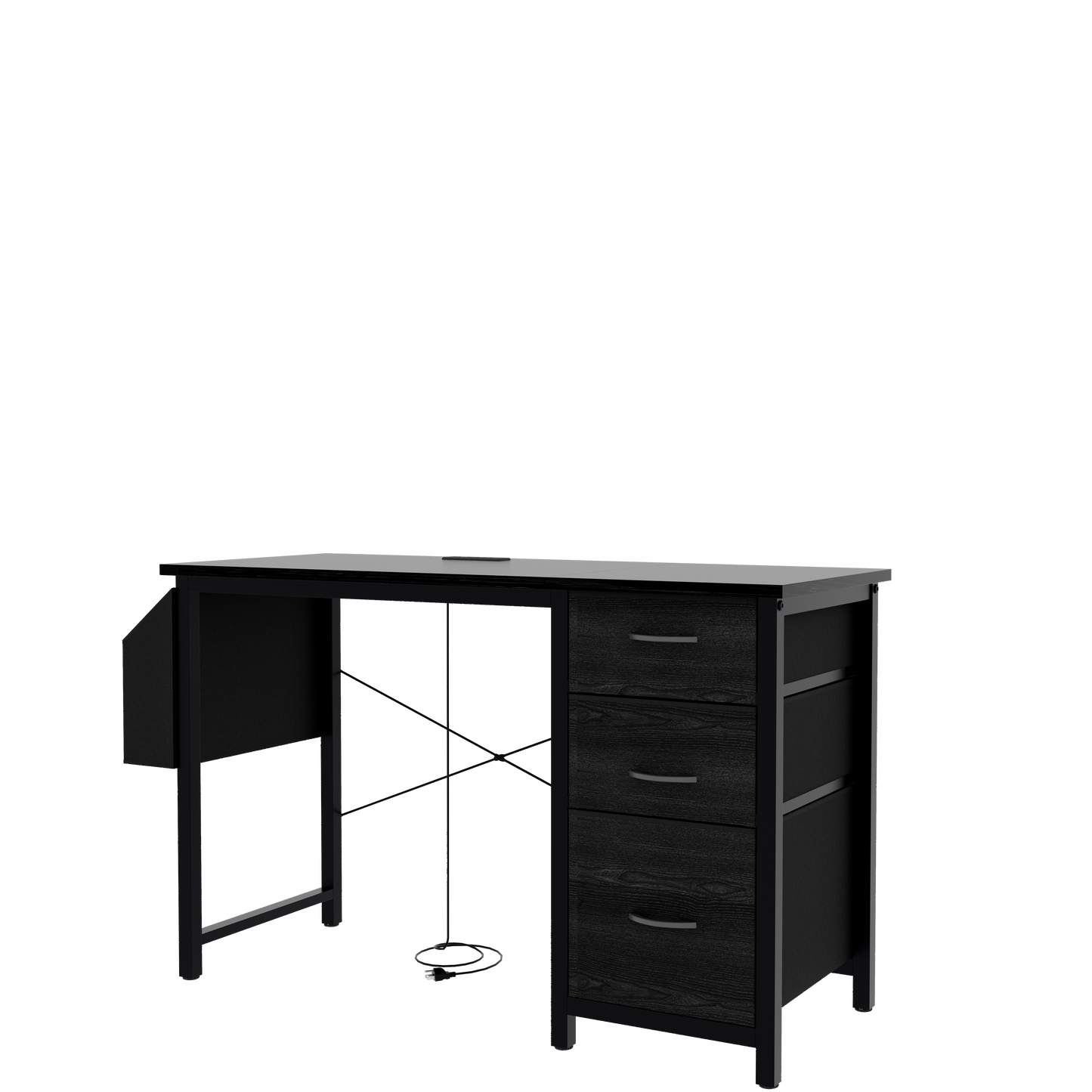 Minimalist black computer desk with three dark wood drawers and metal frame