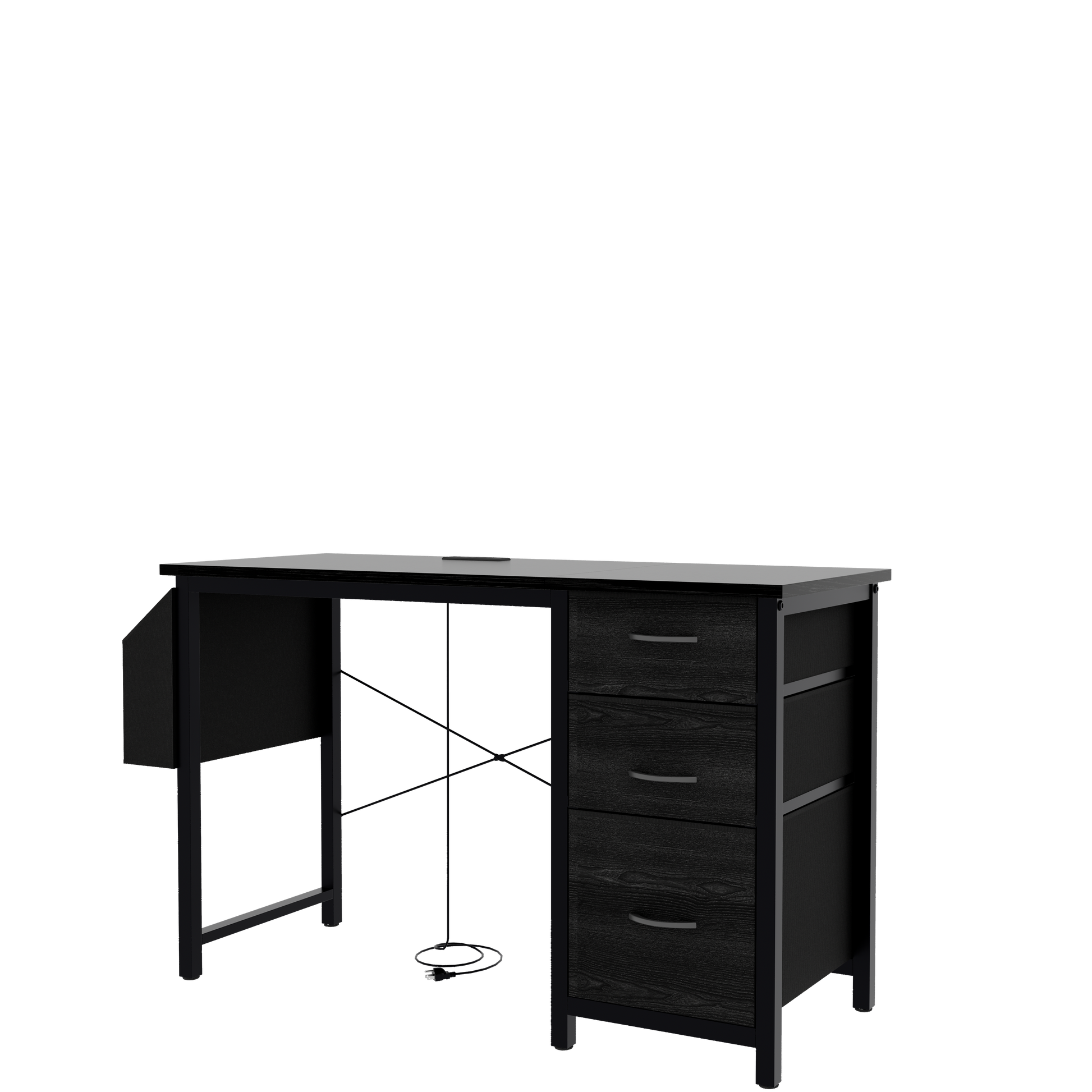 Minimalist black computer desk with three dark wood drawers and metal frame