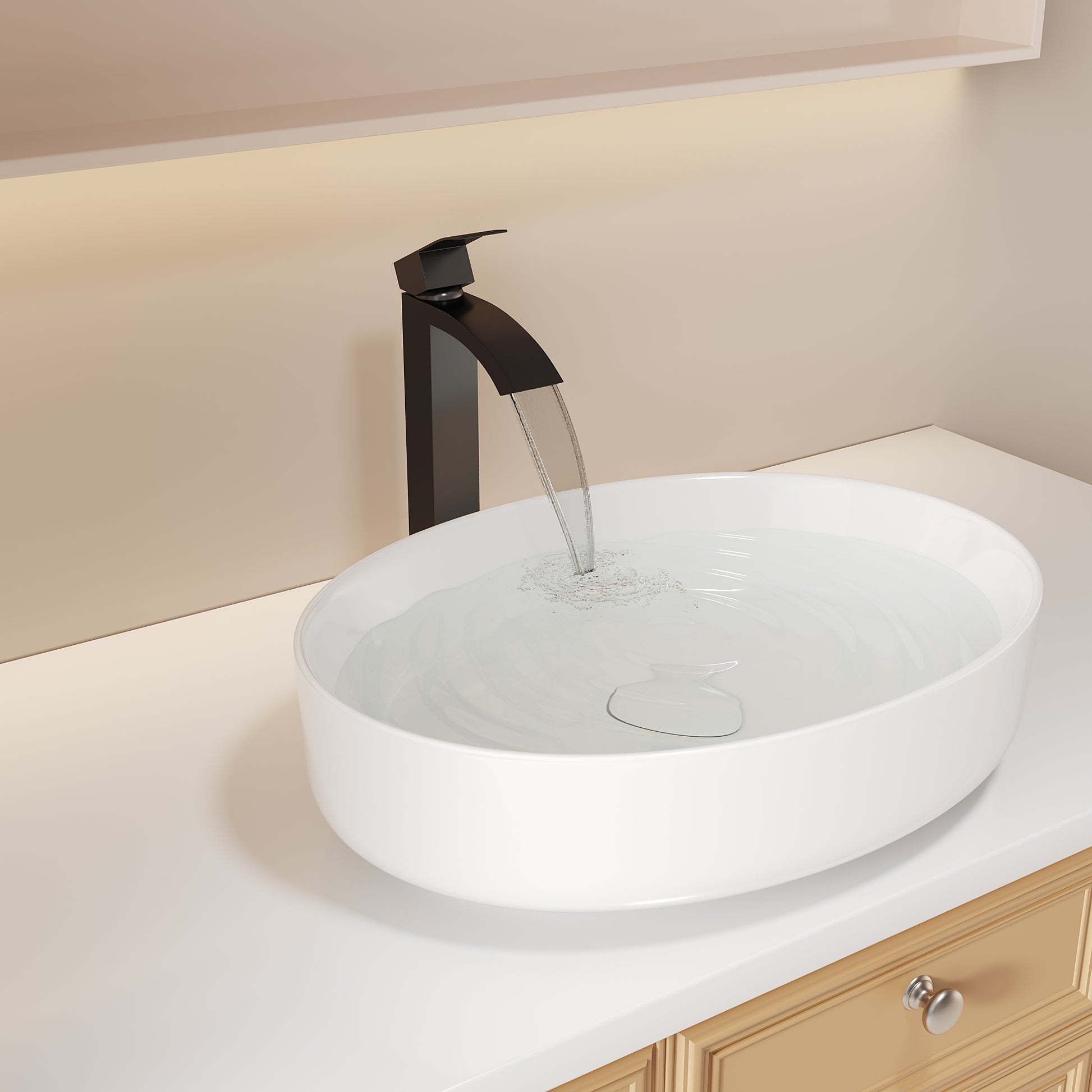 Matte black waterfall faucet cascading into an oval white ceramic vessel sink