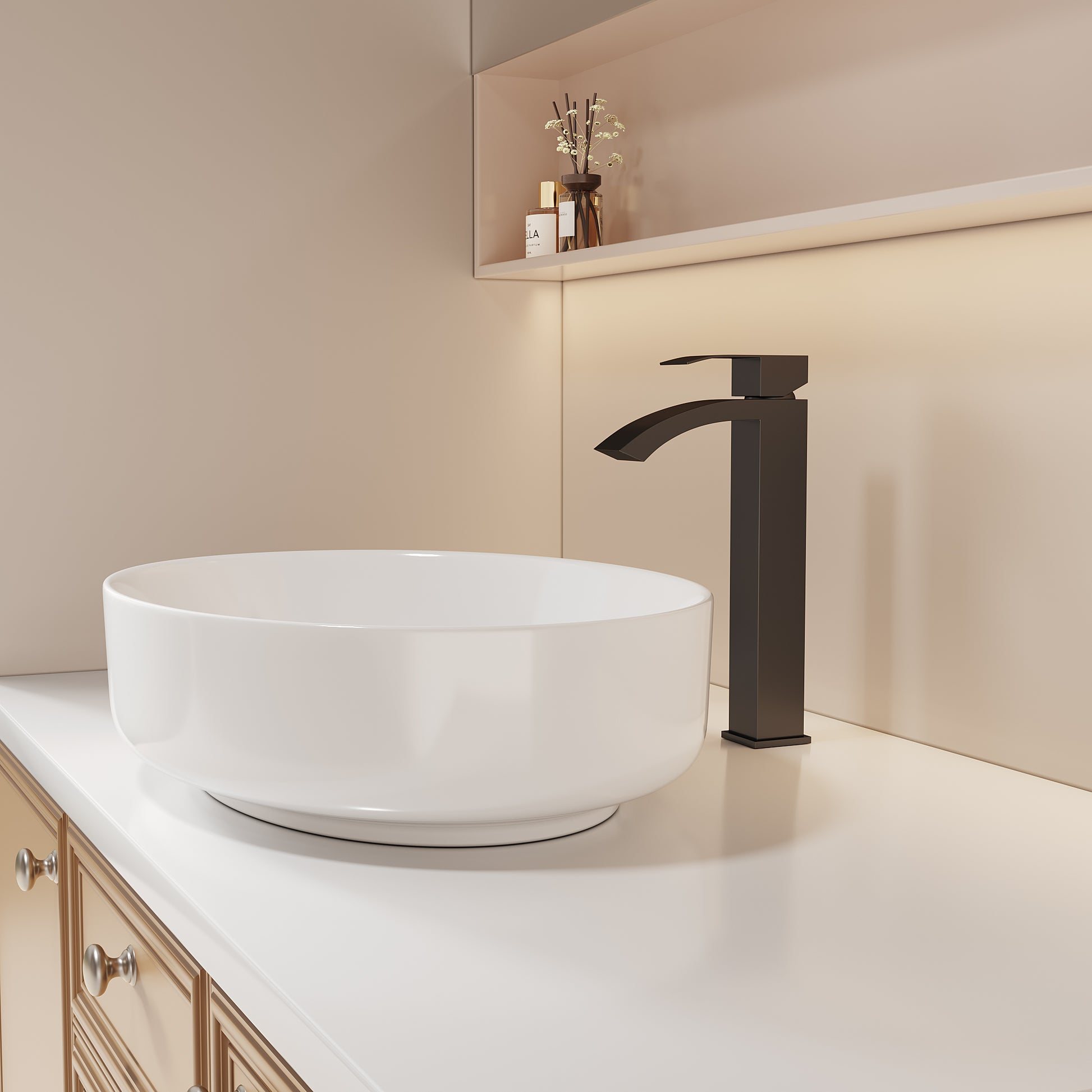 White ceramic vessel sink with a modern matte black faucet