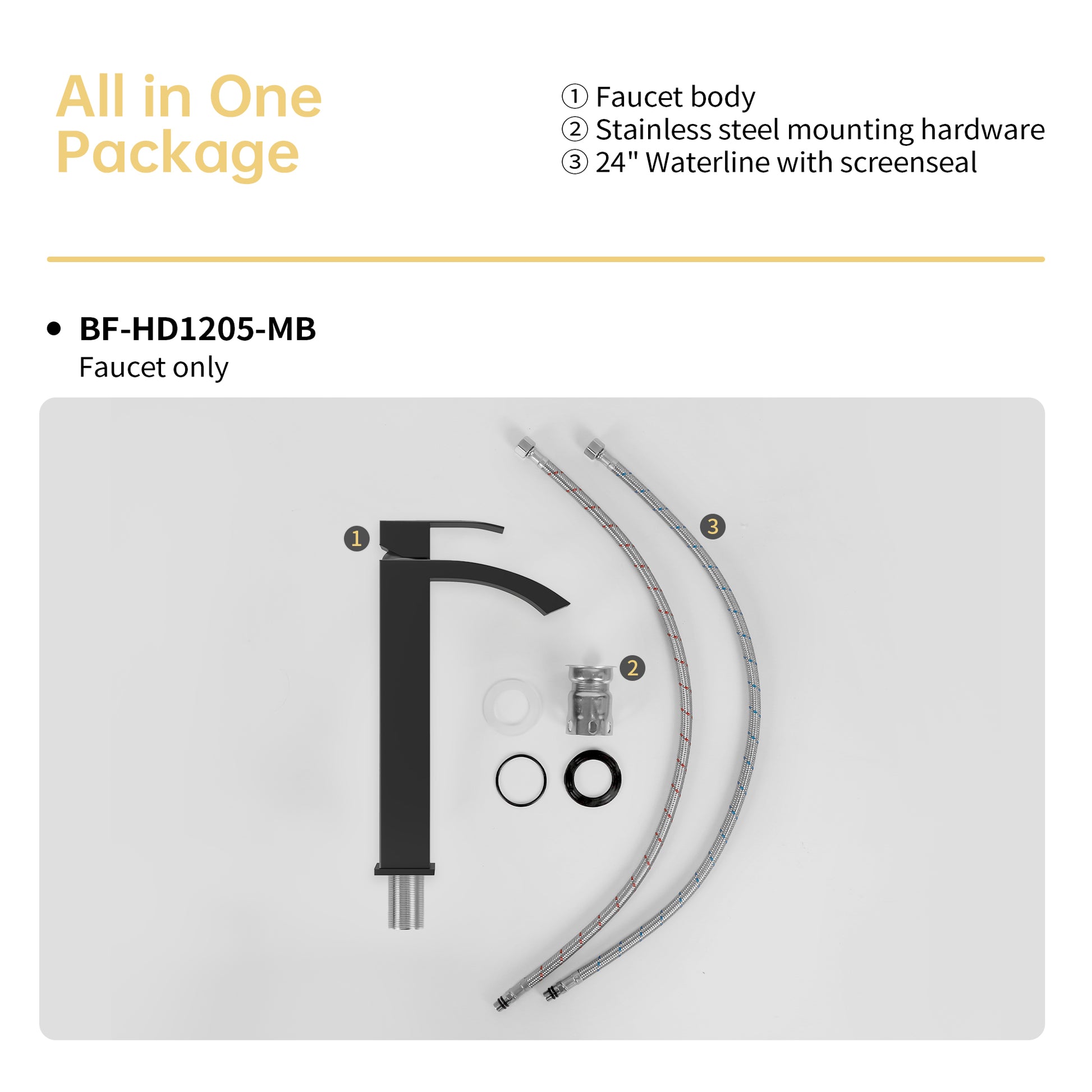 Black matte modern faucet body with stainless steel hoses and mounting hardware