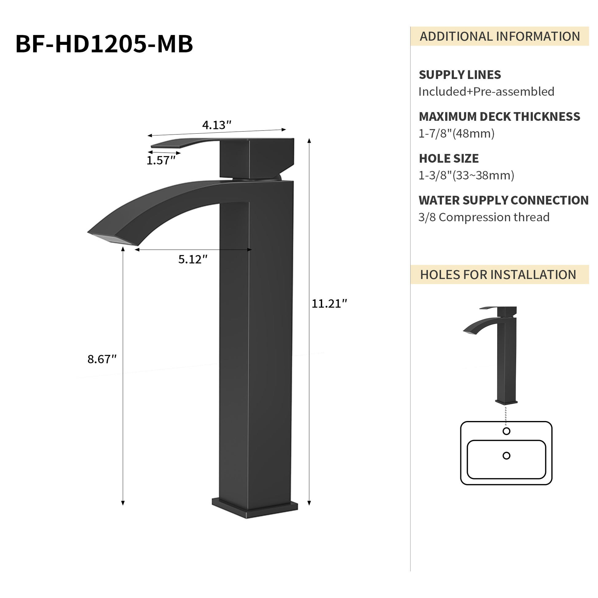 Black waterfall bathroom faucet with a minimalist modern design and a wide spout