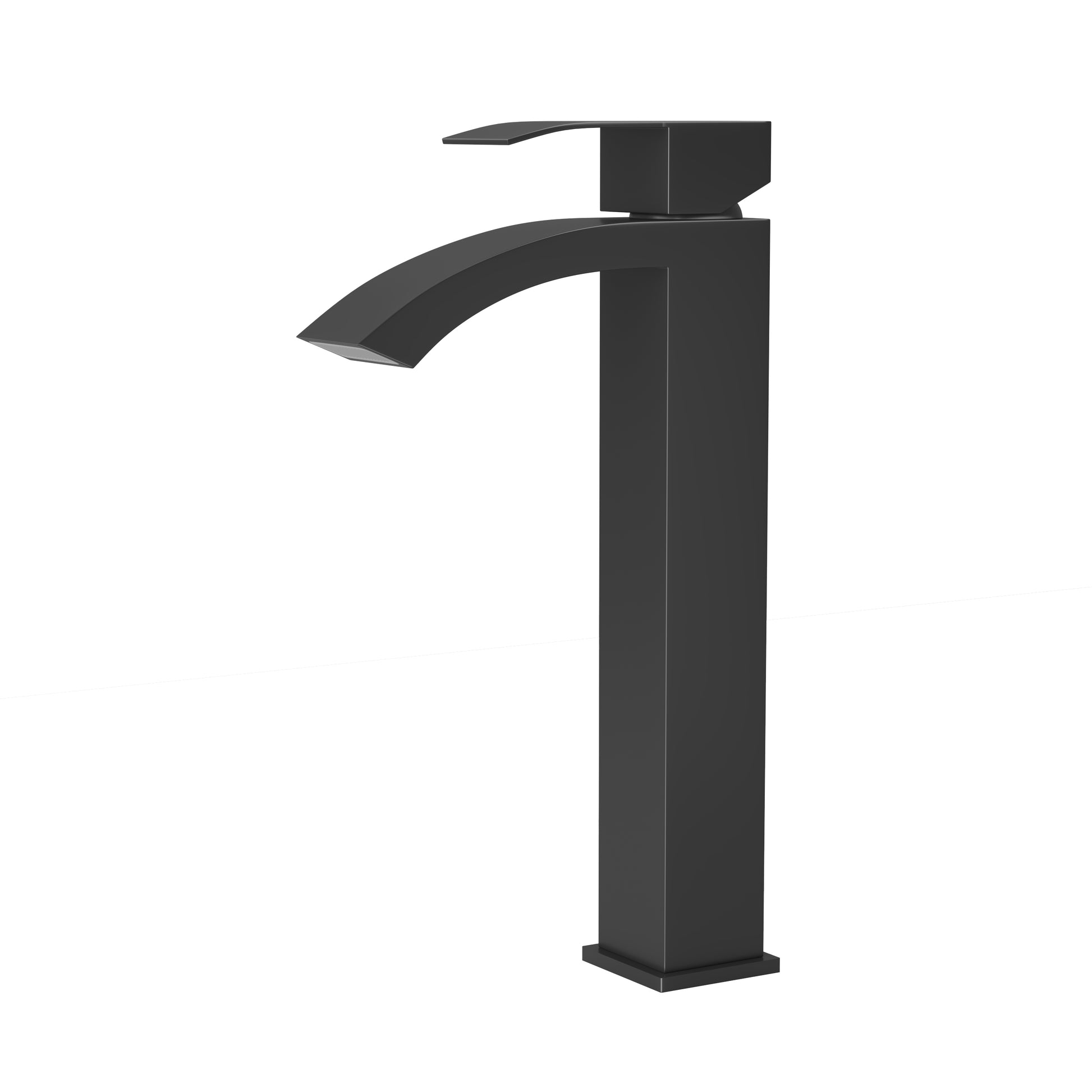 Matte black waterfall faucet with a modern square base and sleek lever handle for bathroom vanities