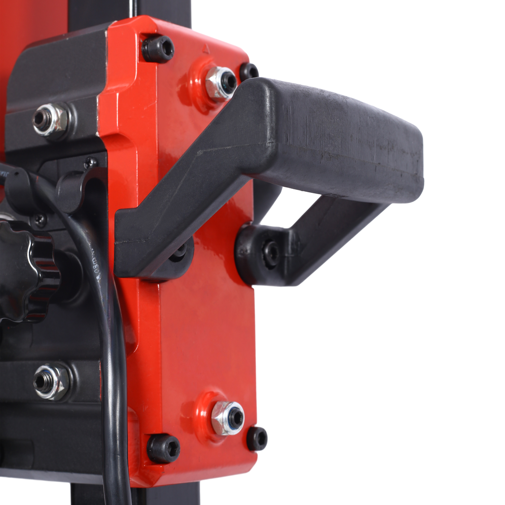 Red drill press handle assembly with black rubber grip and metal fasteners