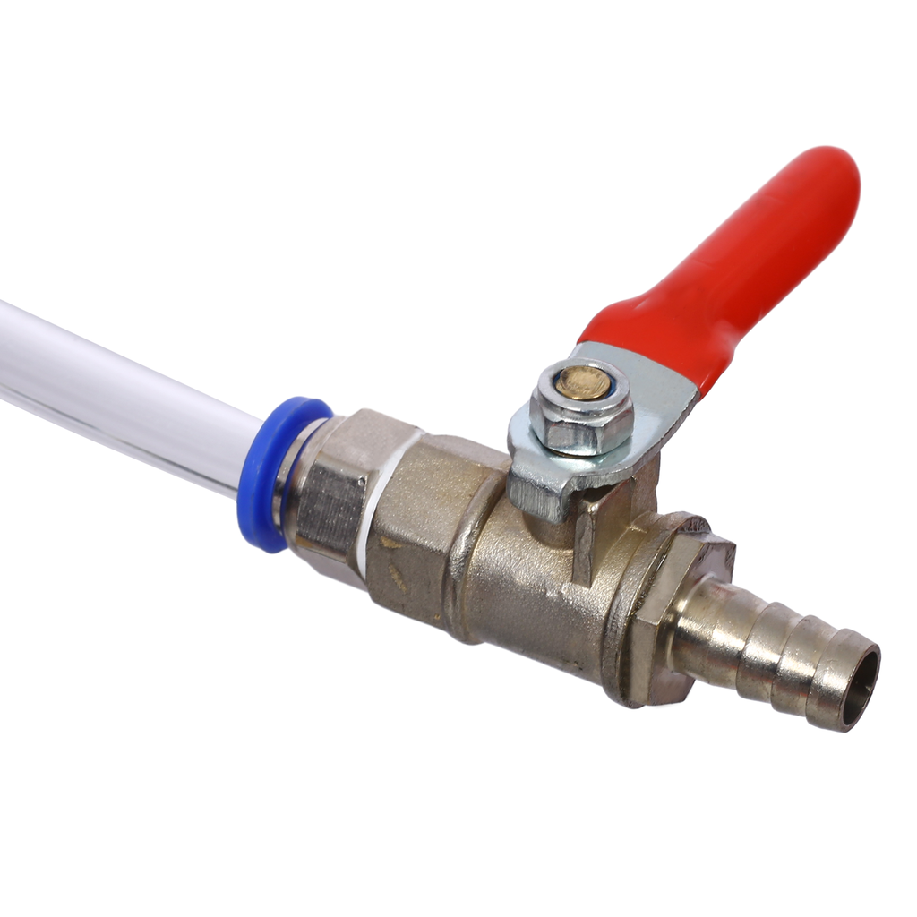 Brass ball valve with red handle and barbed fitting connected to a clear tube