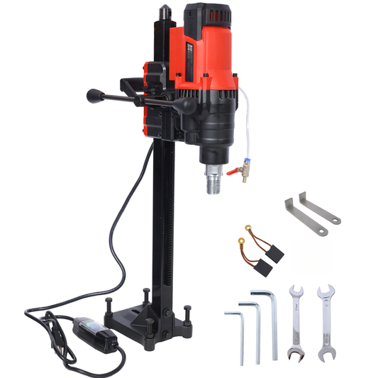 Red and black electric core drill with stand and accessories for concrete drilling