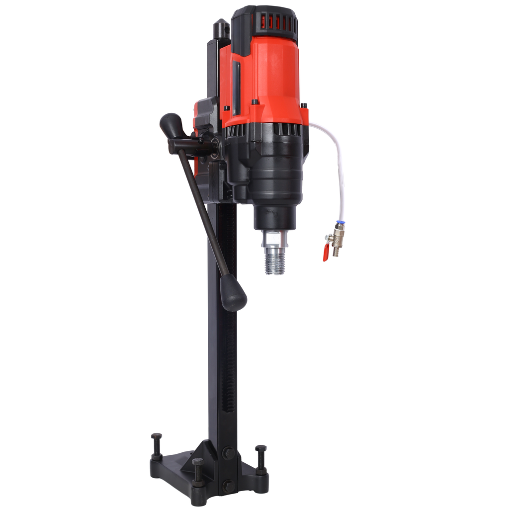 Red and black portable core drill with stand ideal for construction projects