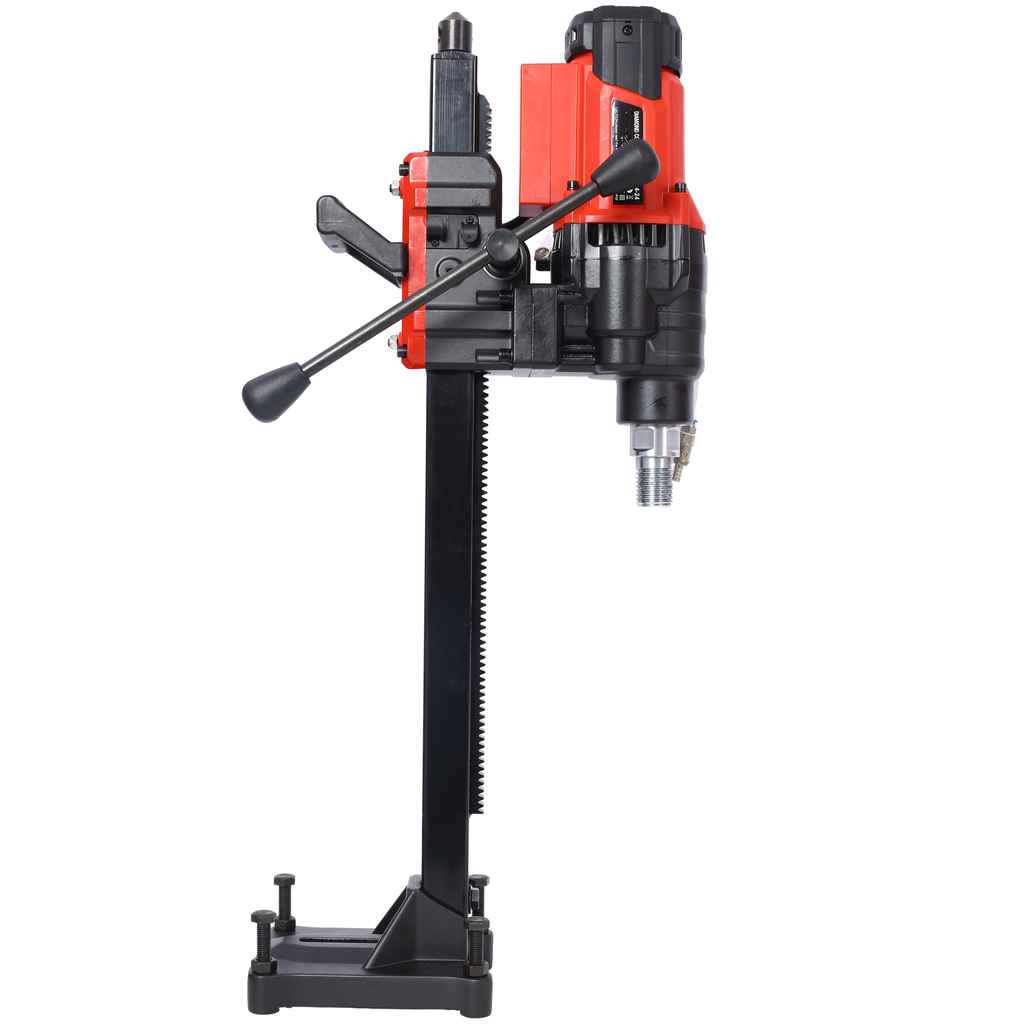 Heavyduty red and black core drill machine with adjustable stand and lever for precise drilling