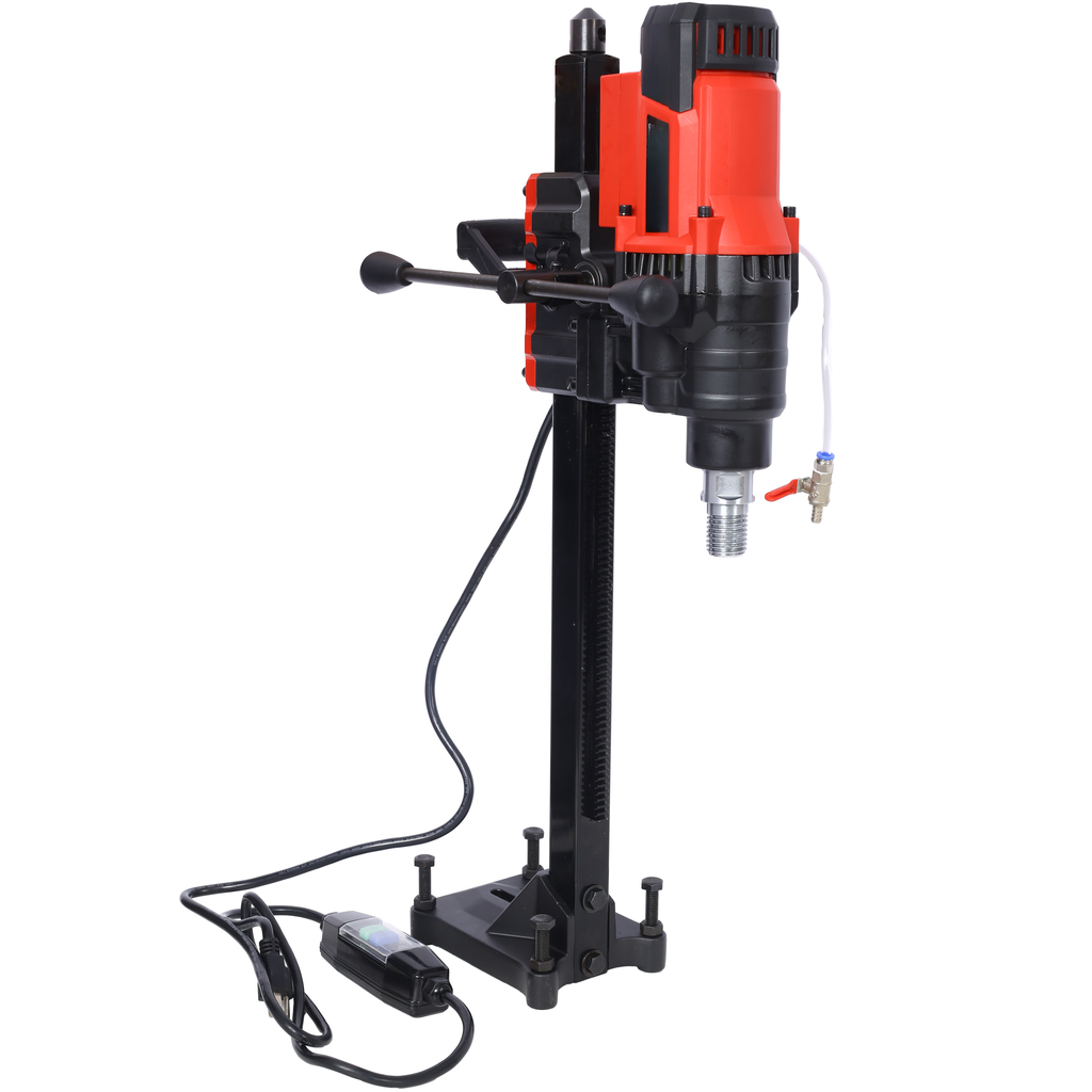 Red and black core drill machine with adjustable stand for concrete drilling