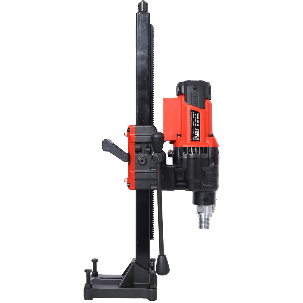 Red and black core drill rig with metal stand and rackandpinion feed for precise drilling