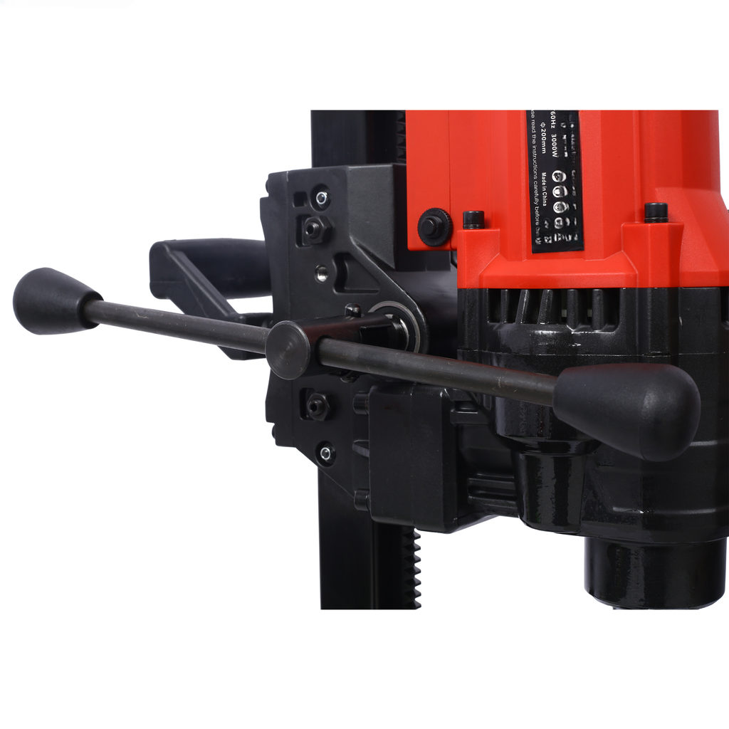 Red heavyduty core drill with adjustable feed handle and black casing