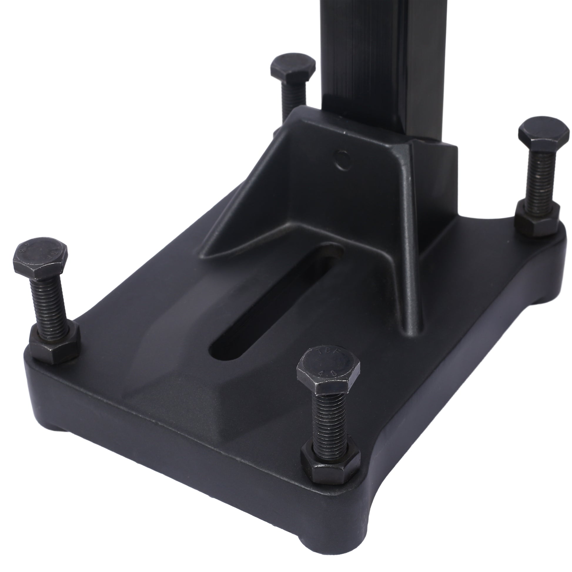 Black metal drill press stand base with four hex bolts for stability and secure mounting