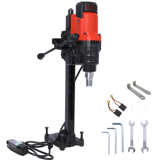 Red and black electric core drill with adjustable stand and accessories