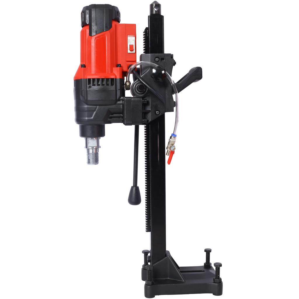 Red and black core drill machine with adjustable stand for concrete drilling tasks