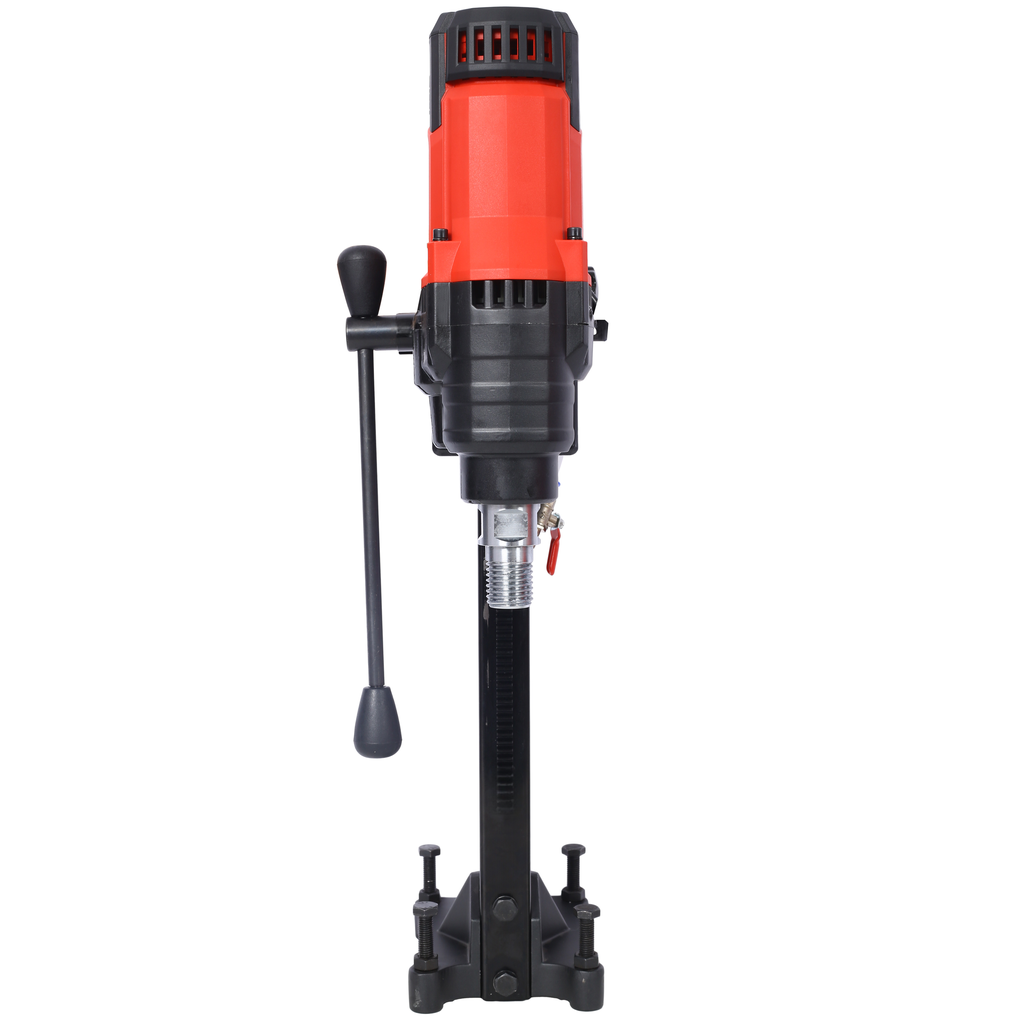 Red and black electric core drill with adjustable stand and handle for professional use