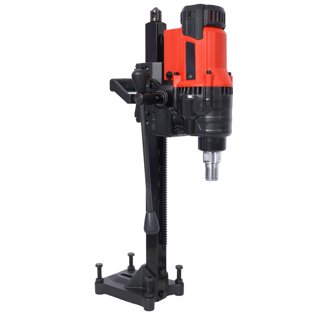 Red and black portable core drill machine with adjustable stand for construction work